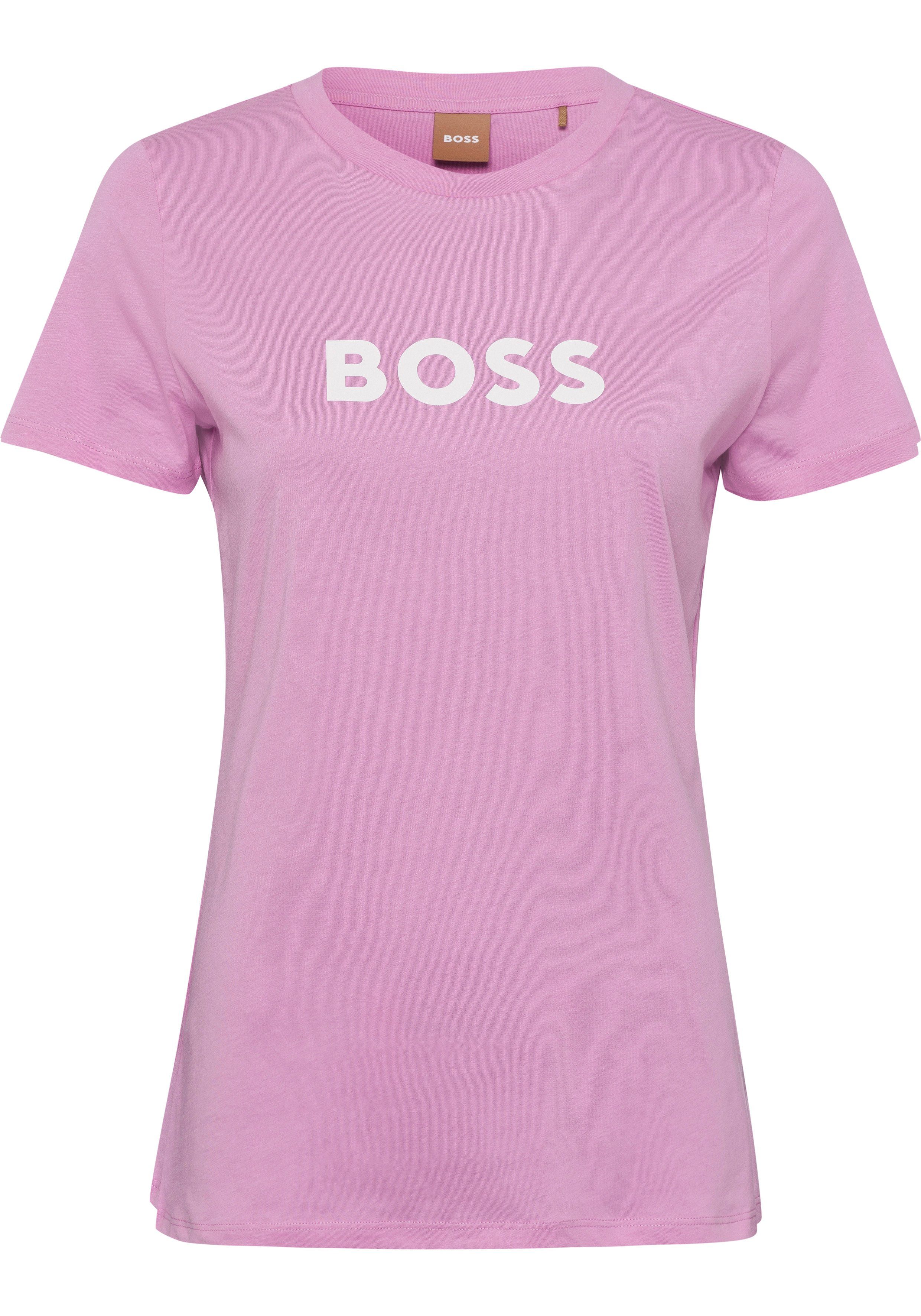 mit Open der (1-tlg) BOSS C_Elogo_5 T-Shirt ORANGE Pink BOSS Logoschriftzug auf Brust