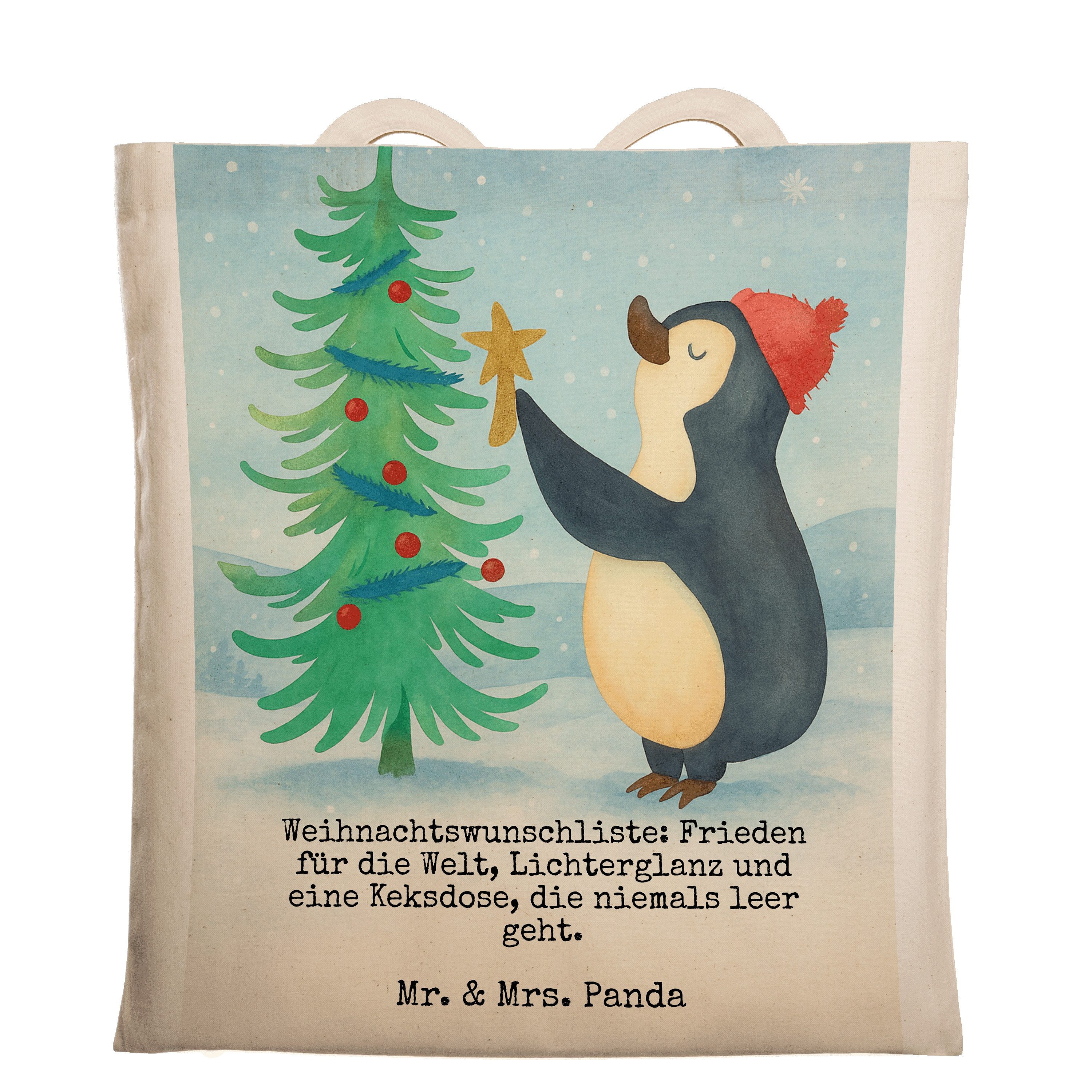 Mr. & Mrs. Panda Tragetasche Pinguin Weihnachtsbaum Design, Shopping Tasche, Weiß, Winter, Weihnac (Packung), Jutebeutel Baumwoll-Tragetasche Alltagstasche