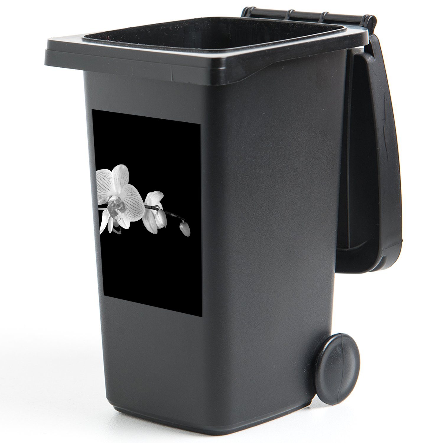 Rosa - Container, Knöpfe Schwarz Sticker, St), (1 - MuchoWow - Wandsticker Abfalbehälter Mülleimer-aufkleber, - Blumen Mülltonne, Orchidee