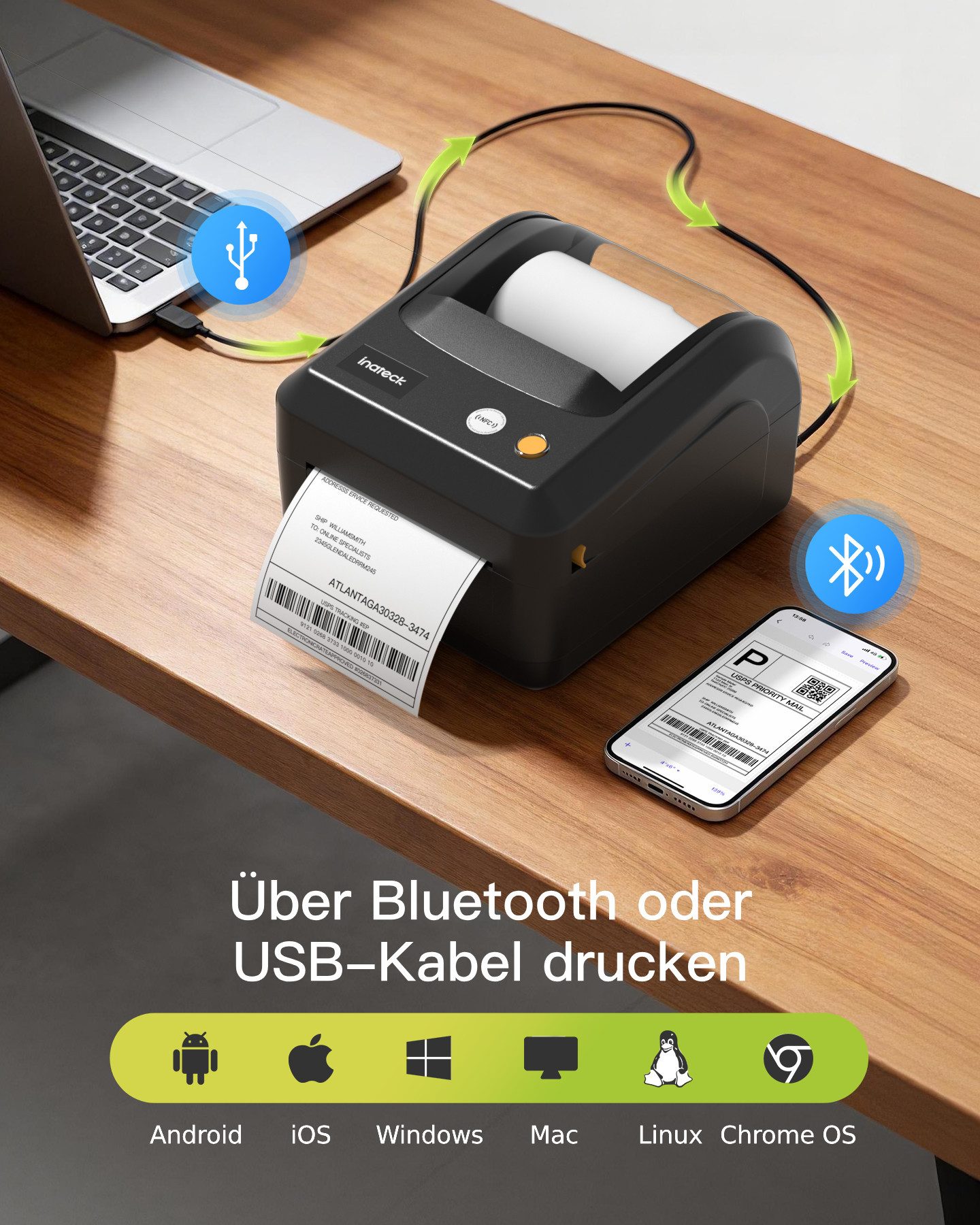 Inateck Versandetiketten Drucker 4x6 Thermodrucker Bluetooth Etikettiergerät Etikettendrucker, (Label Printer mit Etiketten)