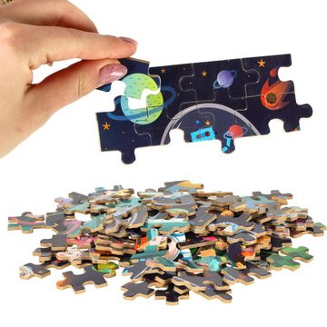 LA CUTE Puzzle 2 in 1 Puzzle Dinosaurier Weltraum Puzzle 100 Teile in Metalldose, 100 Puzzleteile, Holzpuzzle mit doppelseitigem Design und Metalldose.