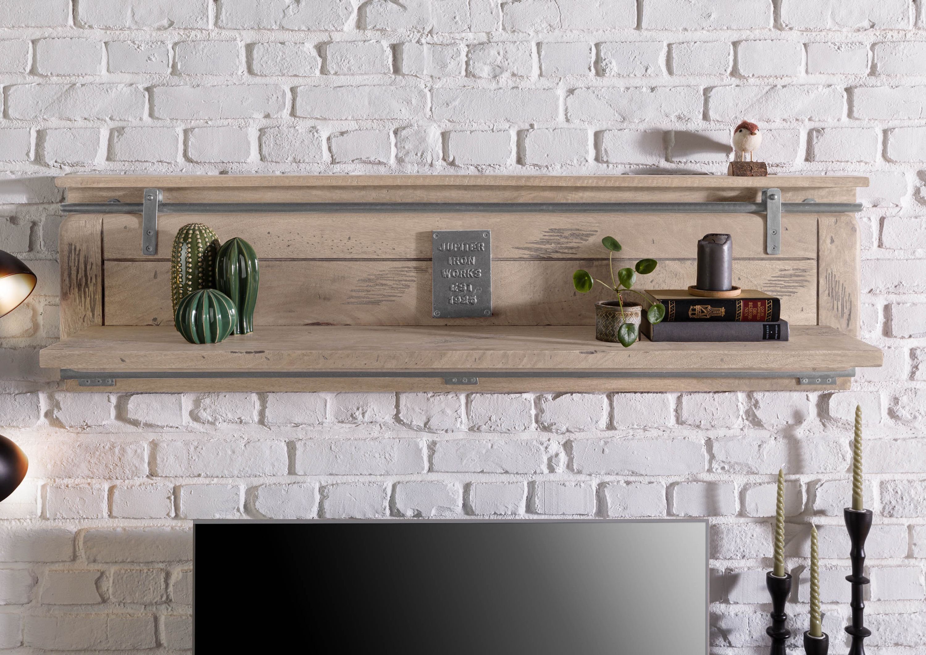 Massivmoebel24 Wandregal RAILWAY, 1-tlg., Mango 180x25x38 whitewash lackiert RAILWAY #391