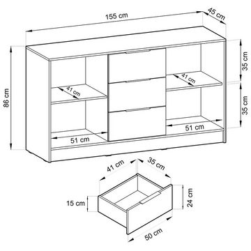 MOEBLO Kommode JOHN 3D (dekorative Lamellen Schrank Sideboard mit 2 Türen und 3 Schubladen, Moderne Wohnzimmer Schlafzimmer Möbel Kommode für Wohnzimmer), (BxHxT): 155x86x45 cm