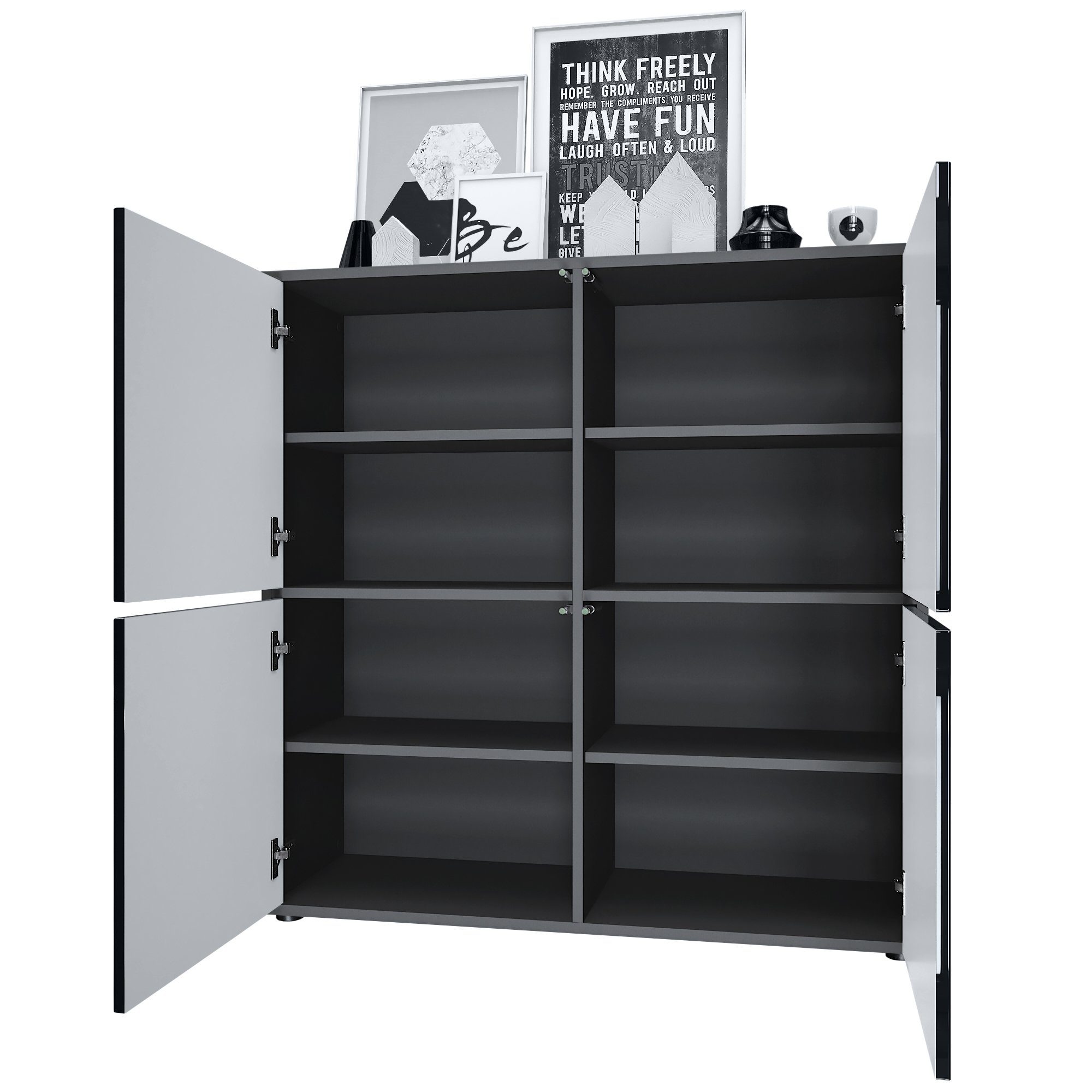 Vladon Highboard Cuba V2 (Schrank, 104 x 105,5 x 35,5 cm Sideboard mit 8 Fächern), Korpus in Schwarz matt / Fronten in Bordeaux Hochglanz