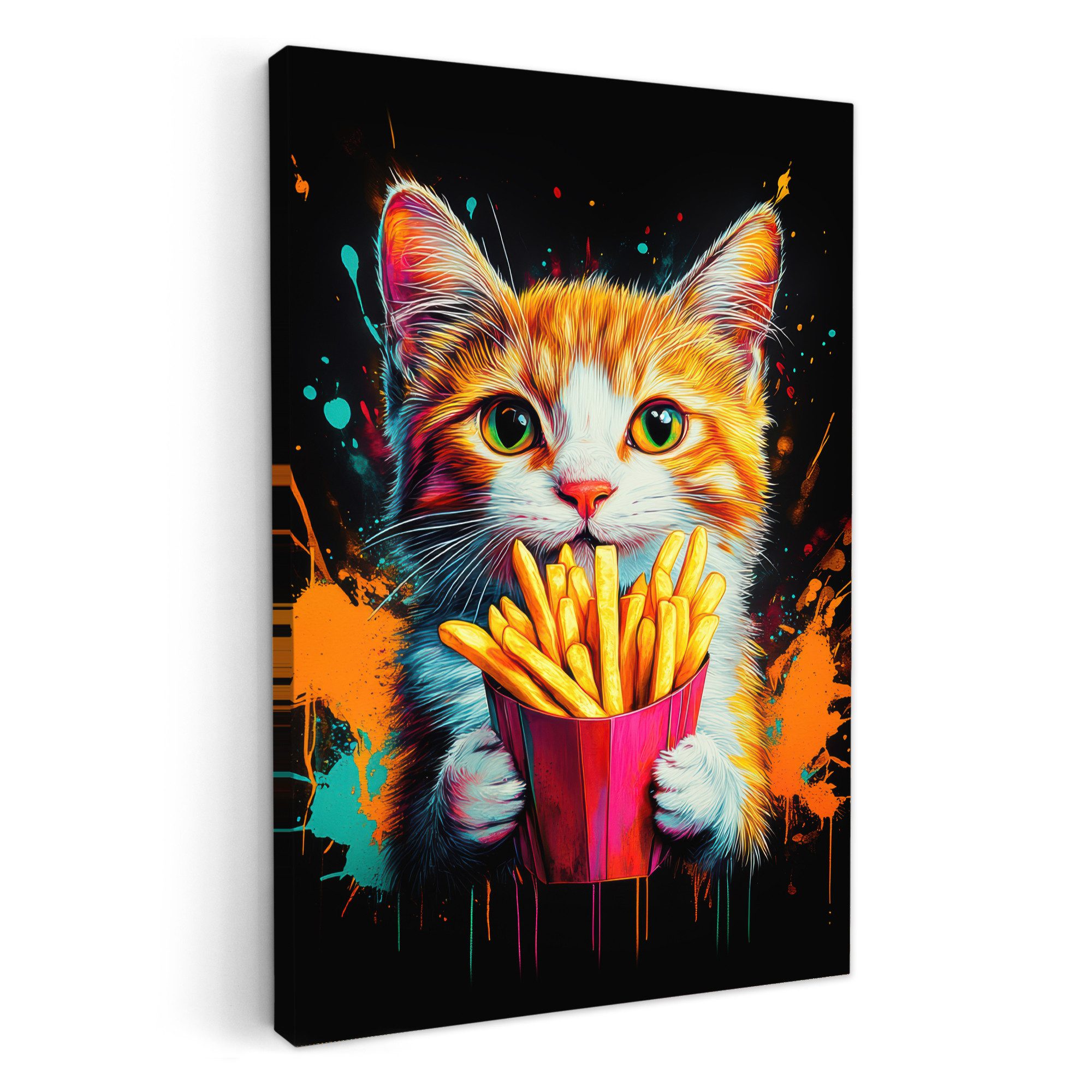 OneMillionCanvasses® Leinwandbild Katze - Essen - Pommes frites - Graffiti - Abstrakt, Fotodruck (1 St), Wandbilder für Esszimmer, Wanddeko Bilder Küche 20x30 cm