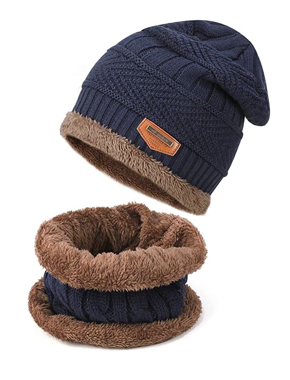 Alster Herz Alster Herz weich + Fleece, gefütterte Fleecemütze und Warm mit Schal, bequem Navy A0338 Unisex gefüttert Strickmütze