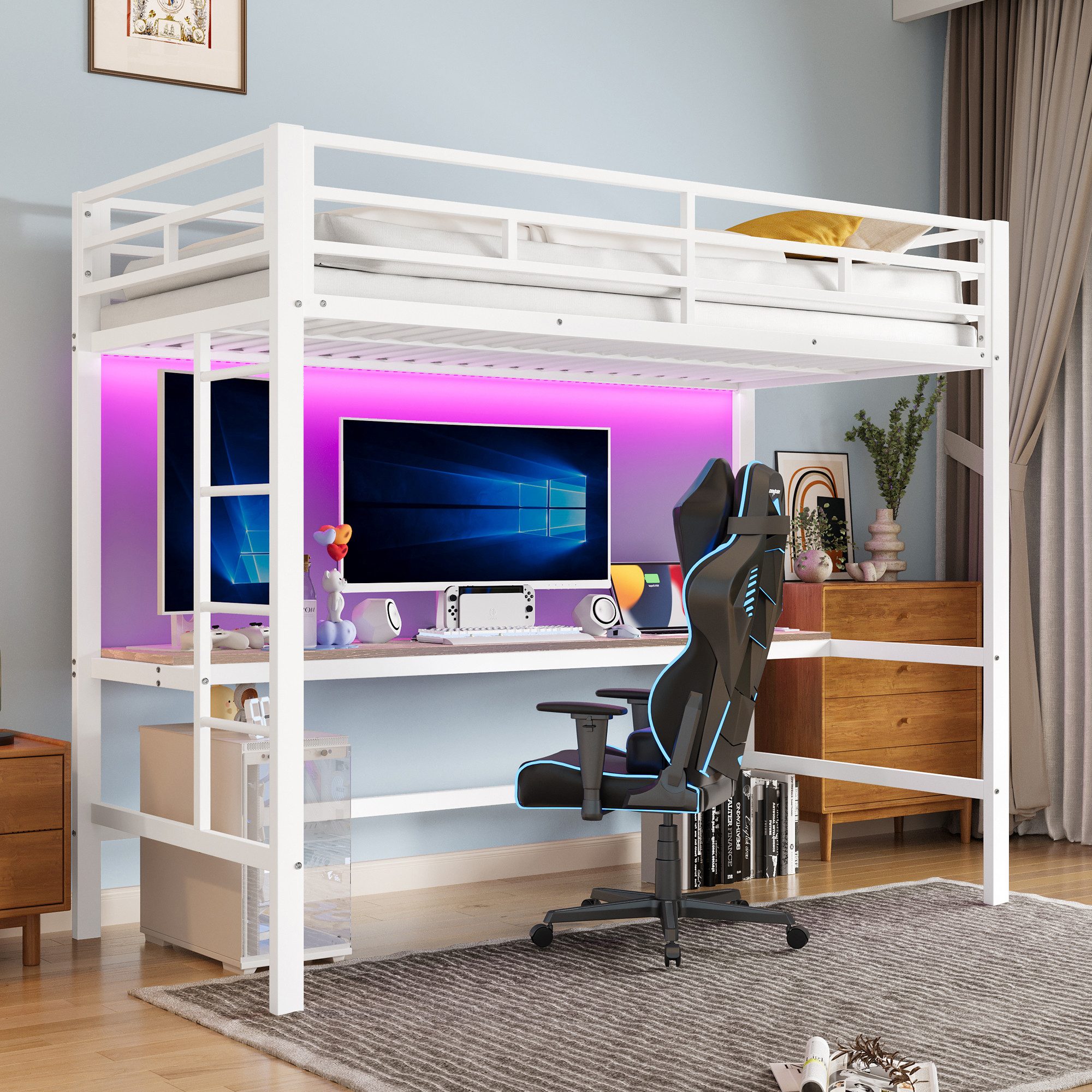 STILVORA Hochbett 90×200 Jugendbett mit Steckdose+USB,Tisch,Metallbett günstig online kaufen