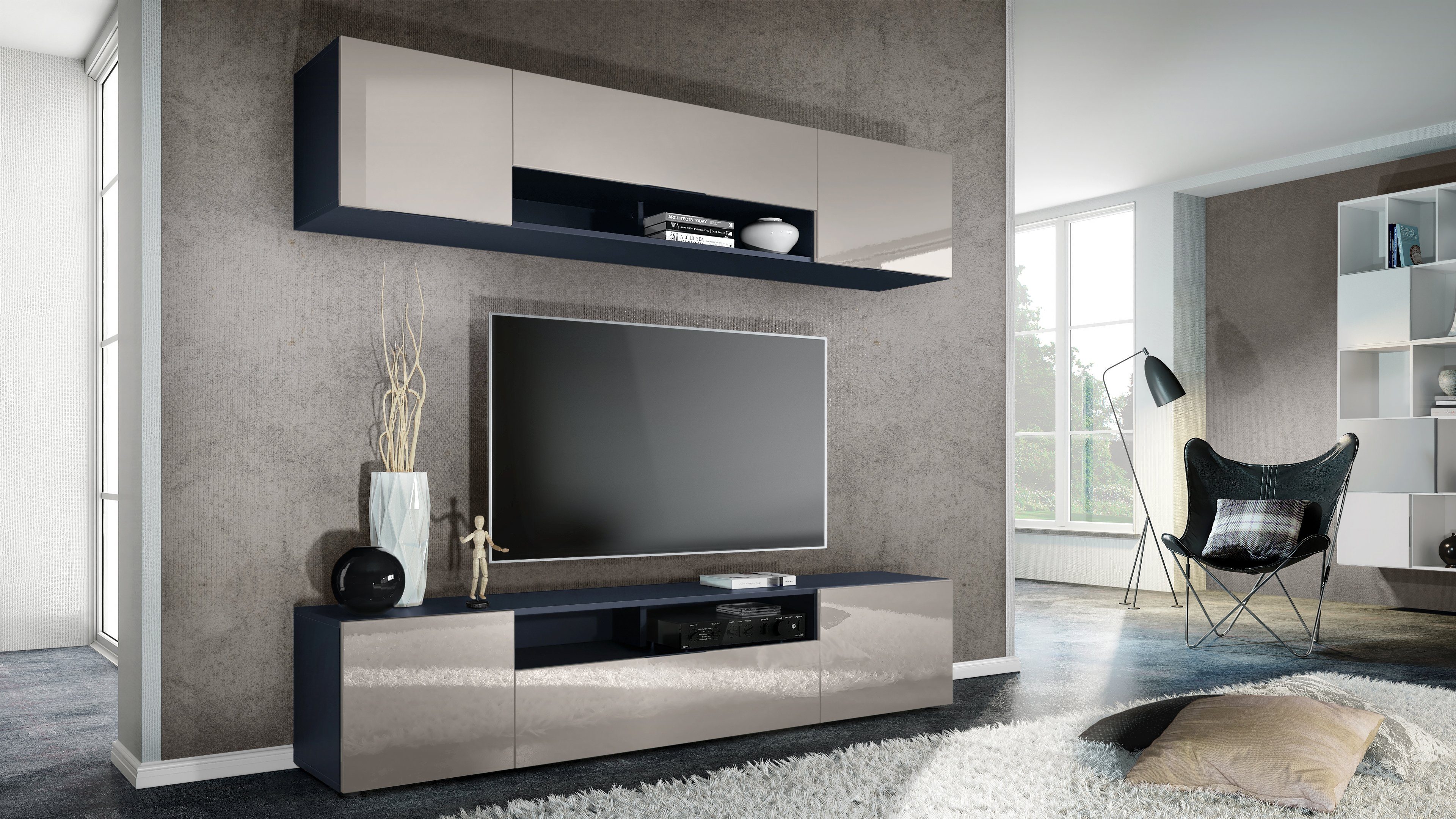 Vladon Wohnwand Mogan, (Anbauwand bestehend aus 2 TV-Boards, mit jeweils 2 Türen, 1 Klappe und 1 offenes Fach), Anthrazit matt/Sandgrau Hochglanz 2x (181 x 39 x 35 cm)