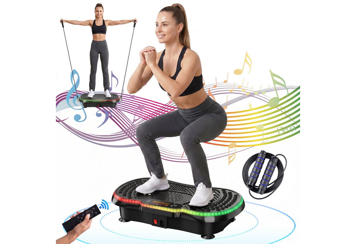 Hamlody Vibrationsplatte 2026 Verbesserte 3D Vibrationsplatte mit 10 farbige LED, 200 W, 200 Intensitätsstufen, 5 Ausbildungsprogramme, Fernbedienung, Bluetooth & Widerstandsbänder
