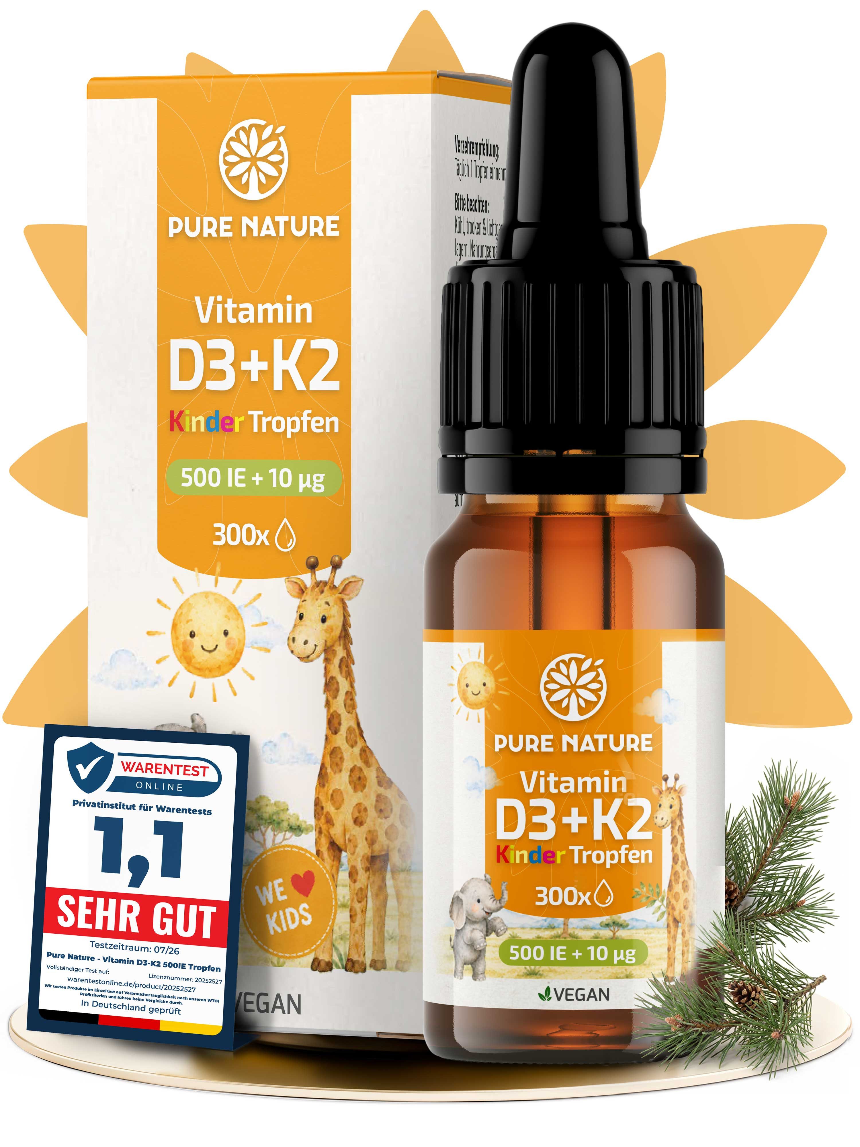 Pure Nature Vitamin D3+K2 Kinder - 500 IE - Bio-Kokus-MCT C8 Öl 99,8% All Trans Tropfen, 10 g 10 ml