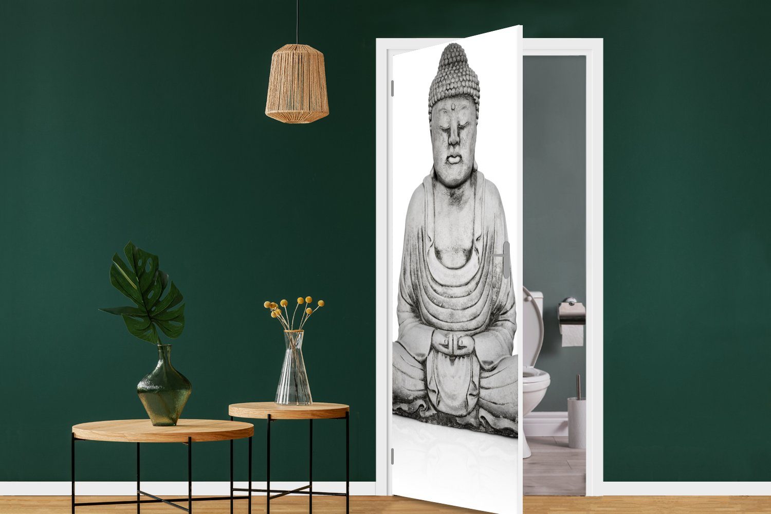 Tür, (1 Türaufkleber, Steinstatue cm Matt, Türtapete 75x205 bedruckt, Buddha, MuchoWow von Fototapete für St),