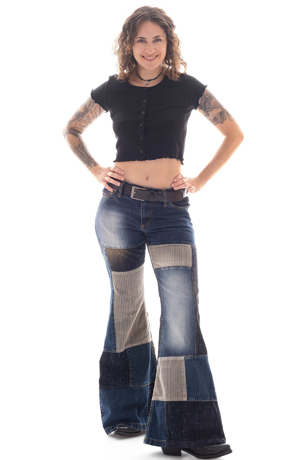 Comycom Schlagjeans Damen Denim-Cord Patchwork STAR DOUBLE