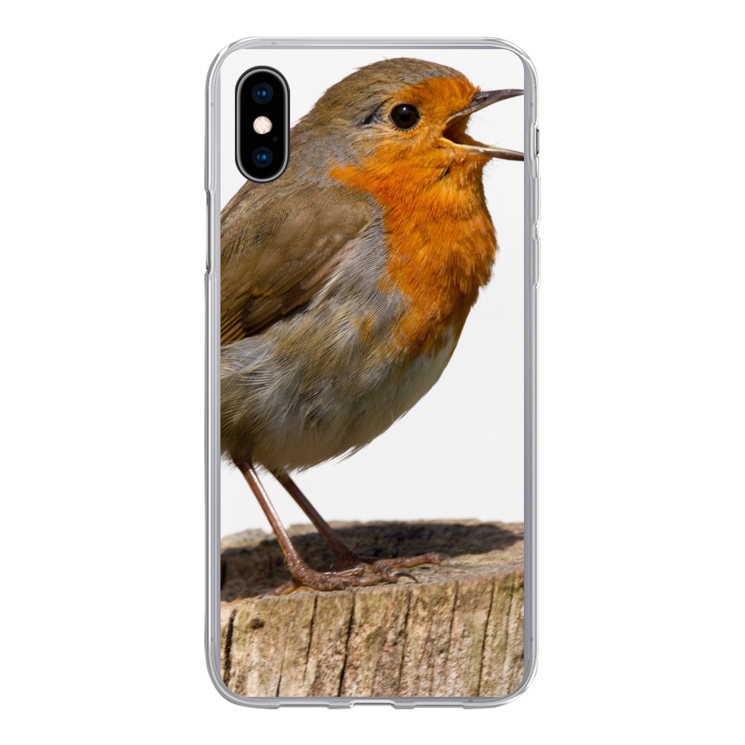 MuchoWow Handyhülle für Apple iPhone Xs Rotkehlchen - Vogel - Holz, Smartphone-Bumper, Print, Handy Schutzhülle Dünn