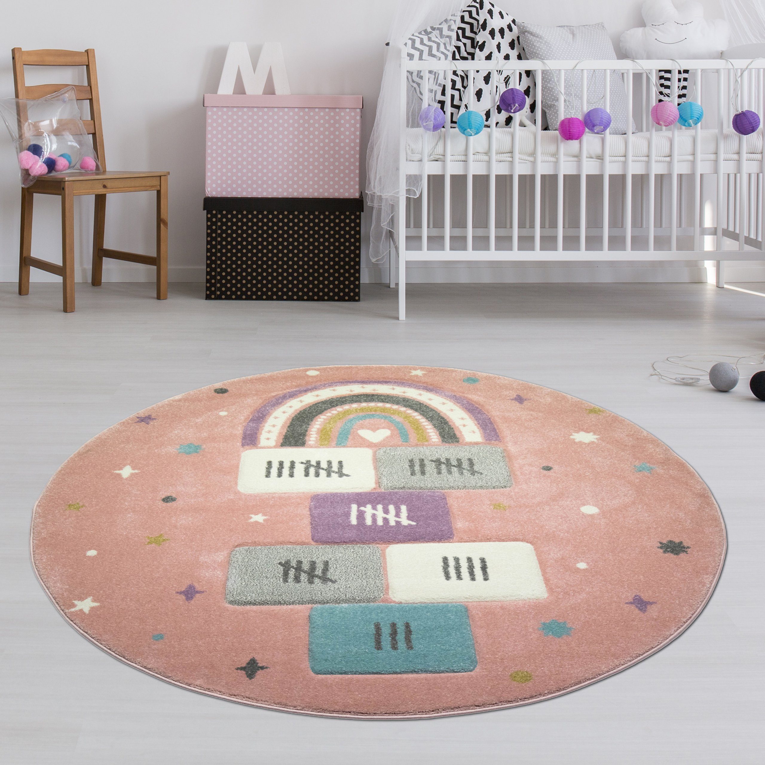 TeppichHome24 Kinderteppich Kinderteppich Spielteppich mit Sternen in Rosa, Rund, Höhe: 13 mm