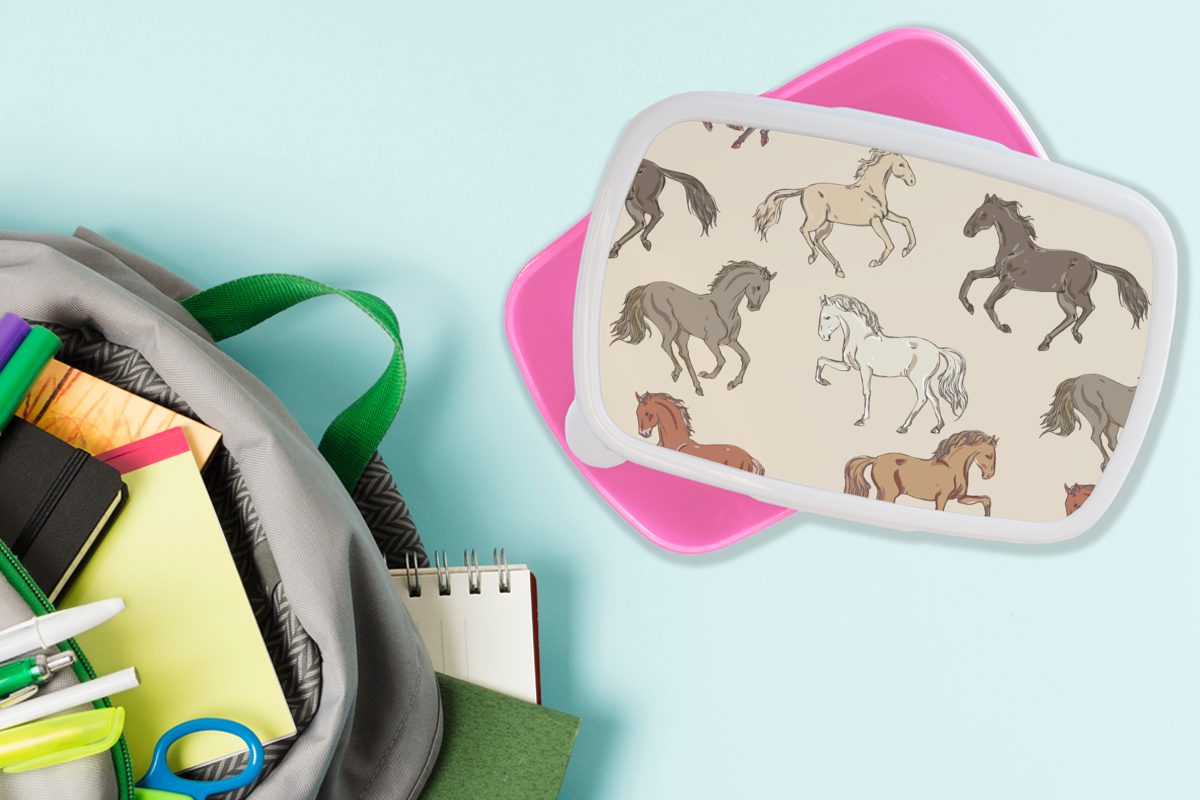 MuchoWow Lunchbox Pferde - Kinder Mädchen, (2-tlg), Rosa Mädchen, Grau Erwachsene, Kunststoff für Snackbox, - - Mädchen Brotdose - Kinder, Kunststoff, - Brotbox
