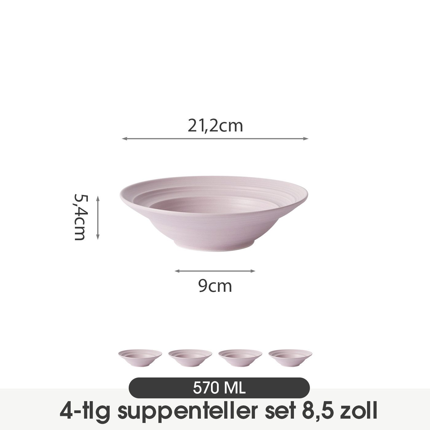 JIWOO Suppenteller 4er Ø21,2 cm, Speiseteller Pastateller Salatteller Dessertteller Plate, (4 St), Keramik Tellerset Lila mikrowellen- und spülmaschinenfest Ø21,2 cm