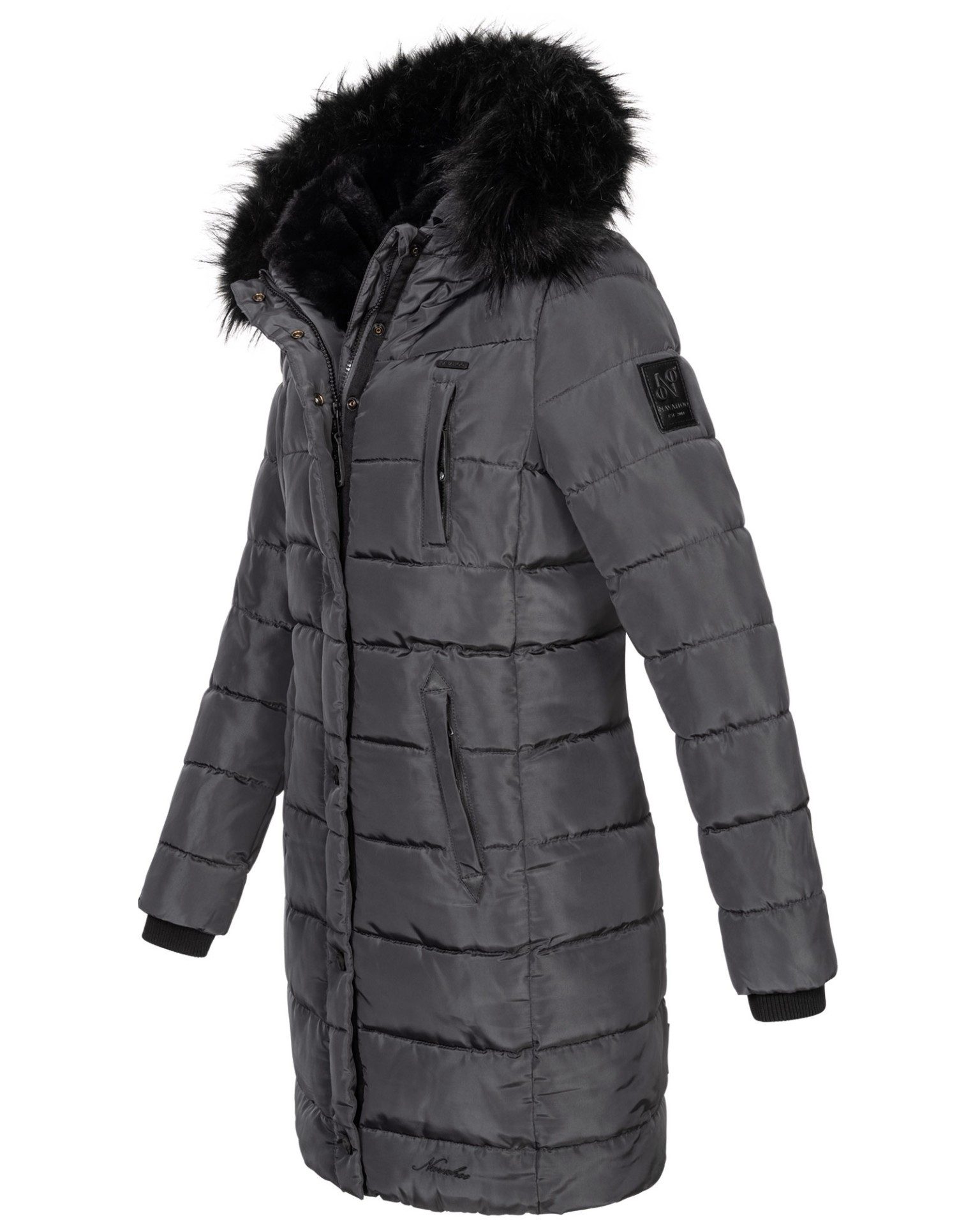 Navahoo Winterjacke Steppjacke lang mit Kapuze – Warm gefüttert Lange Winterjacke mit Teddyfutter und abnehmbarem Kunstfell