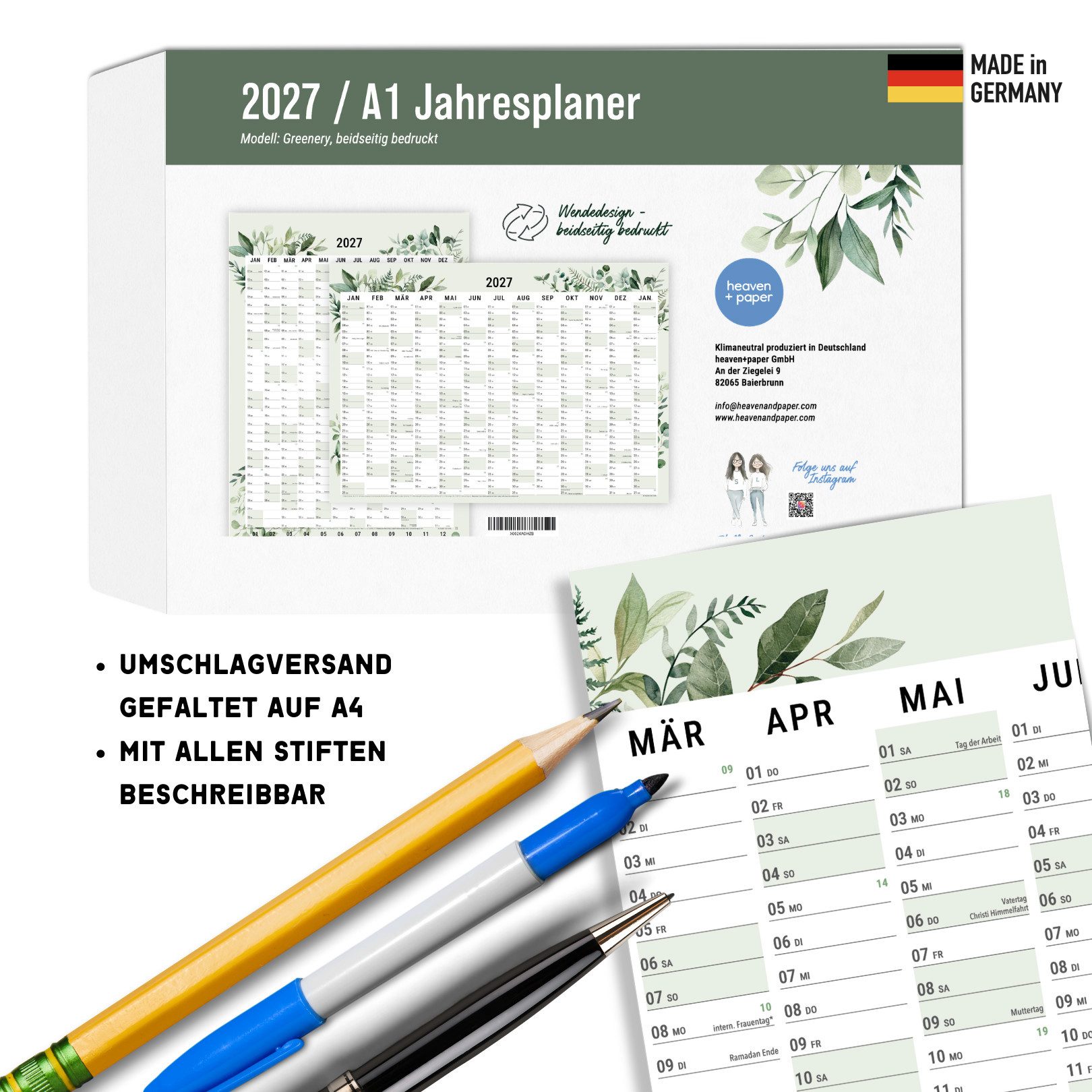 heaven+paper Jahresplaner Wandplaner 2027 Eukalyptus – DIN A1, beidseitig bedruckt, Hergestellt in Deutschland – Bild 4 von 5