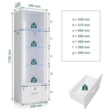 SONNI Glasvitrine Glasvitrinen mit led beleuchtung,55x35x172cm,weiB hochglanz Vitrinenschränke, mit Schublade, Standvitrinen, Hochschränke, Modern, glas, schmal, stehend