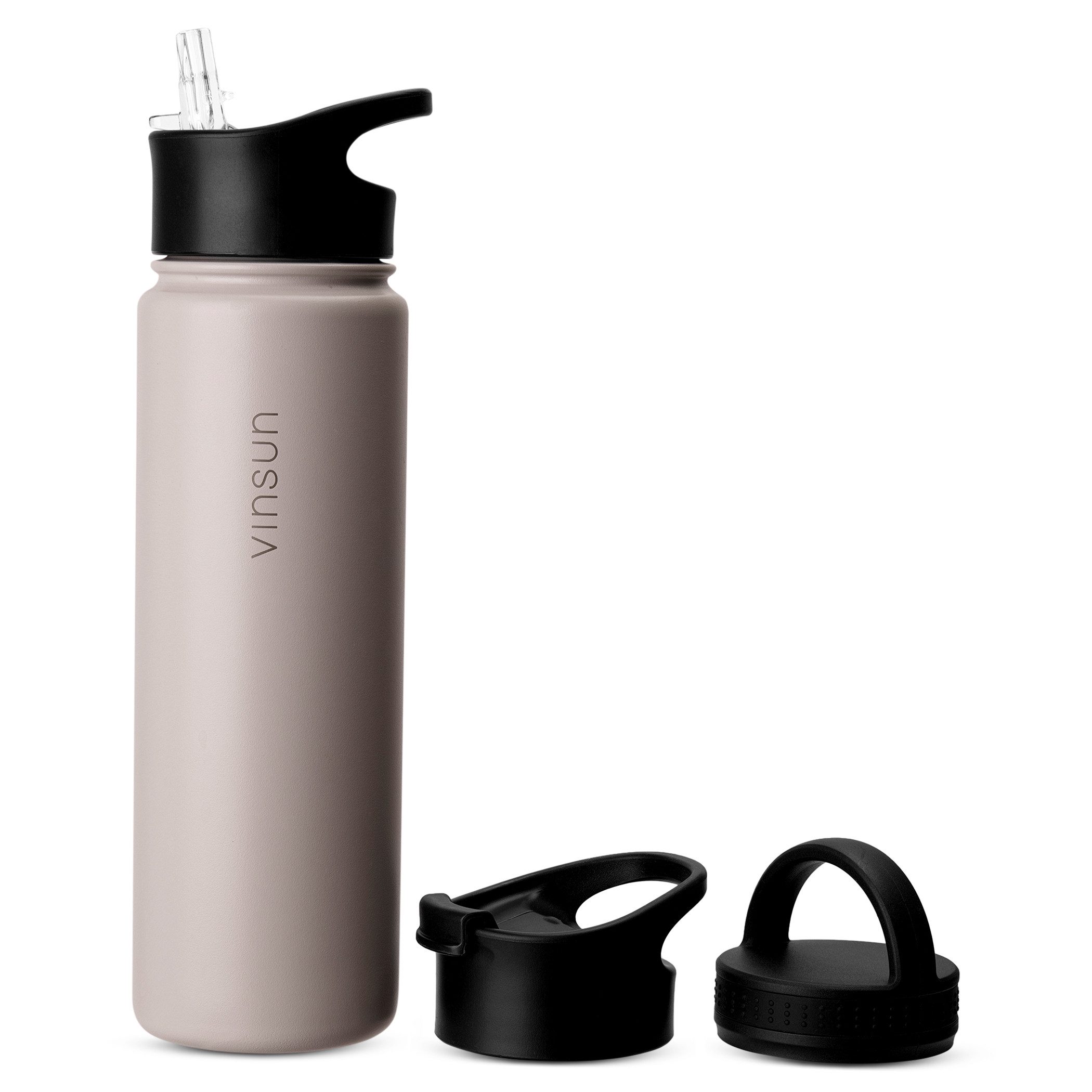 Vinsun Isolierflasche Edelstahl Trinkflasche 750ml, 3 Deckel, auslaufsicher, doppelwandig, 3 Deckel - Strohhalm, Trinköffnung, Schraubverschluss