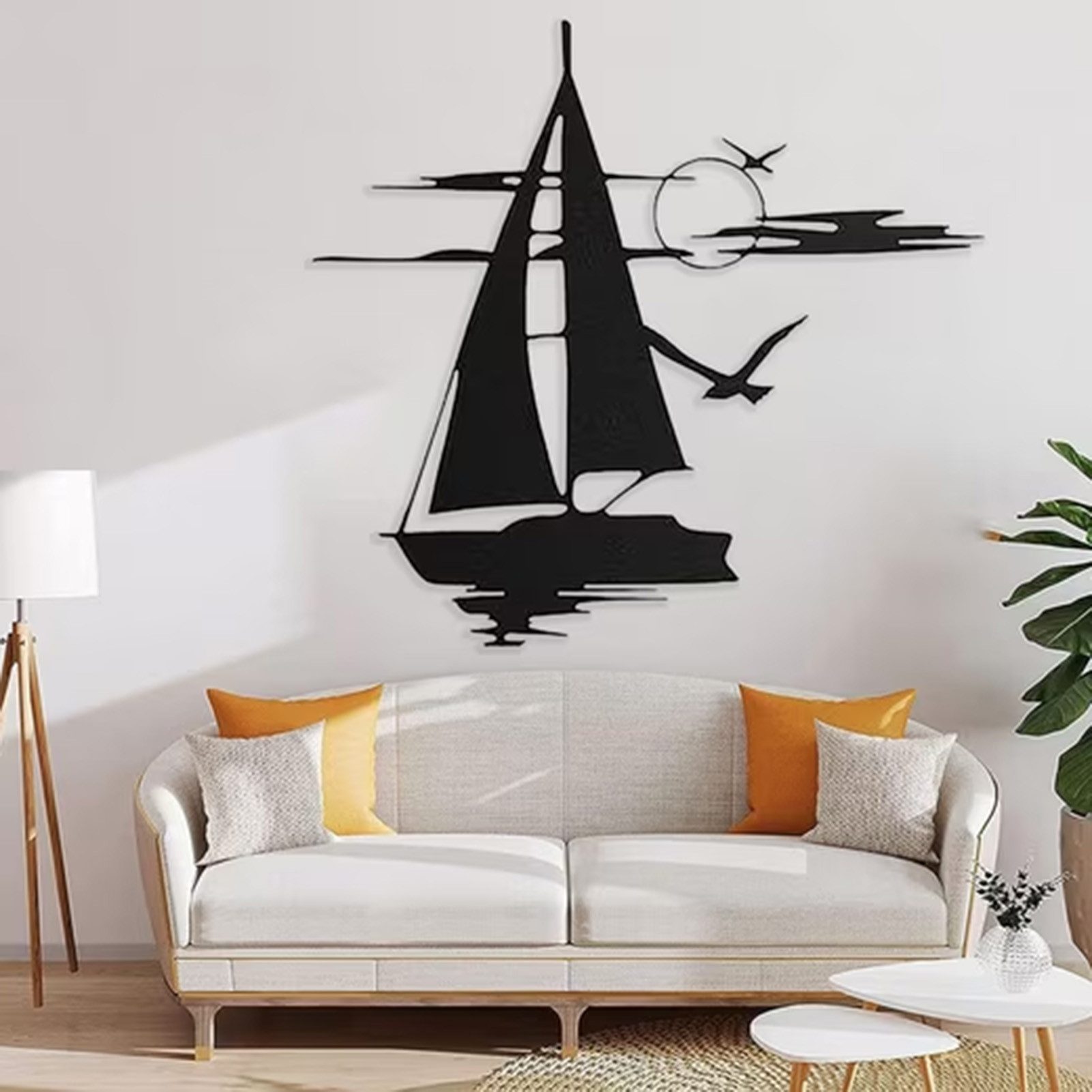 Jumpeak Wanddekoobjekt Dekoriertes Segelboot auf See,Wolkenmeer und Möwen bei Sonnenuntergang, Metall,4 Farben,2 Maße,Meer,Segeln,Tuschezeichnung,Strichkunst