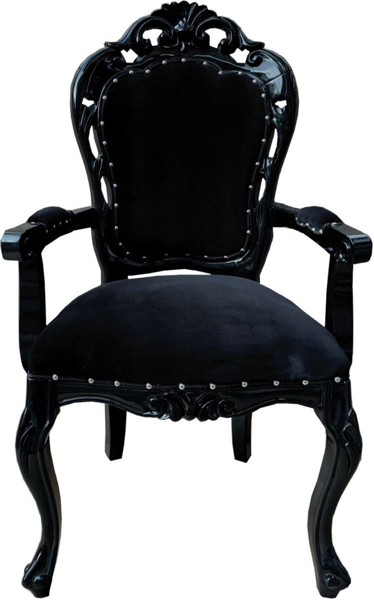 Casa Padrino Esszimmerstuhl Barock Esszimmerstuhl Schwarz - Handgefertigter Antik Stil Stuhl mit Armlehnen und edlem Samtstoff - Esszimmer Möbel im Barockstil