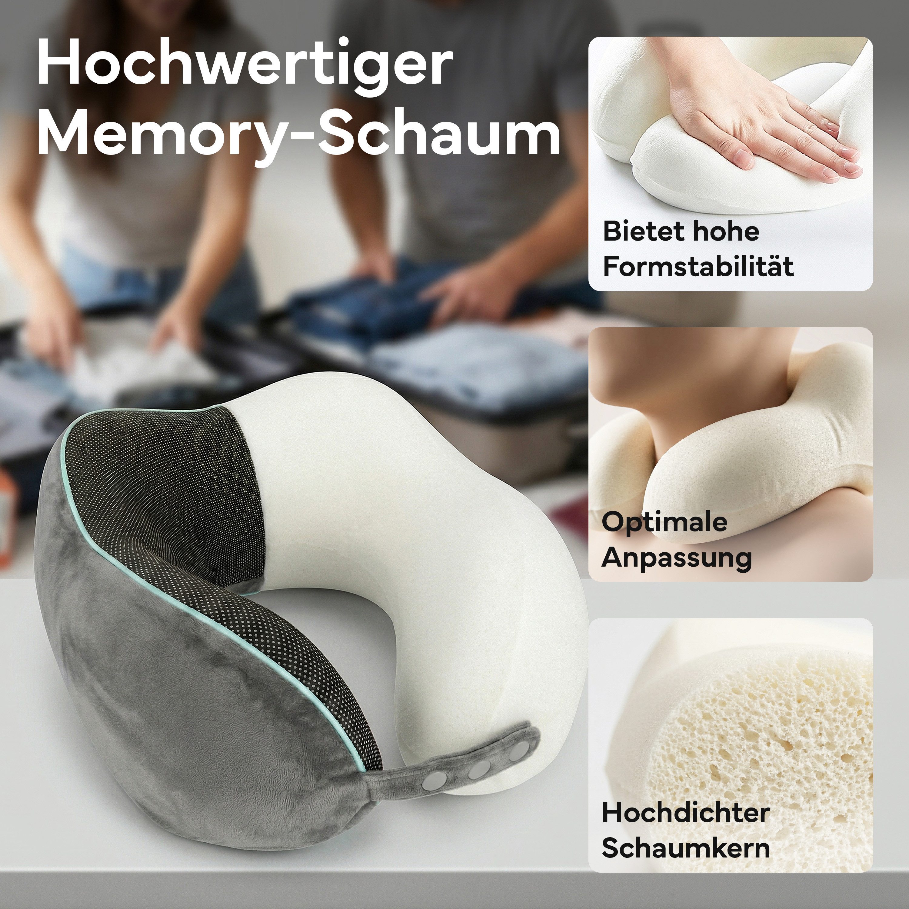 NEOLYMP Nackenkissen Flugzeug mit Kinnstütze verhindert Vorfallen des Kopfes – Reisekissen, Nackenkissen Flugzeug - Komprimierbar mit Tasche & Kofferband, Nackenkissen Reise Travel Pillow - 360° Support & schlanker Rückseite