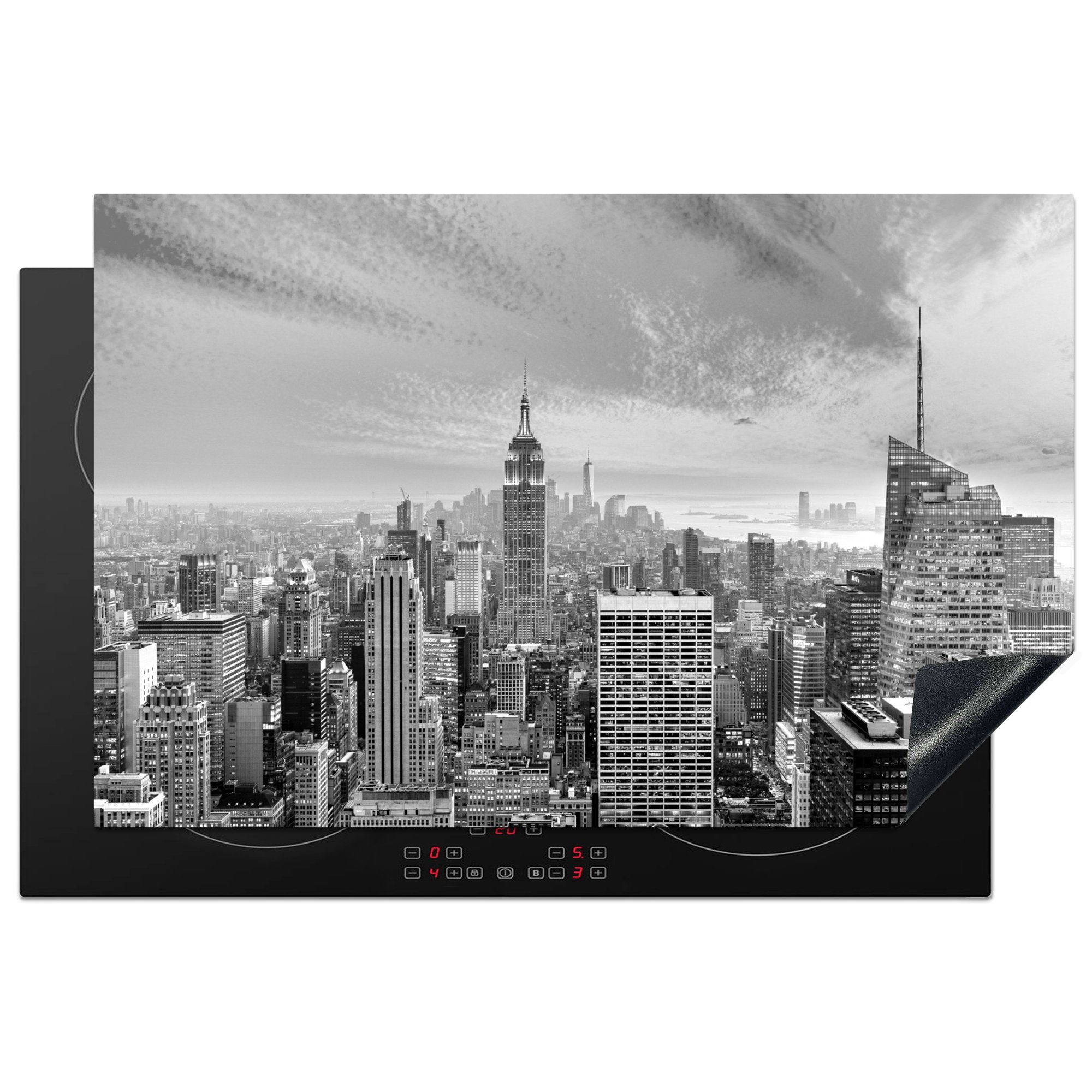 MuchoWow Herdblende-/Abdeckplatte New Yorker Skyline bei Sonnenuntergang - schwarz und weiß, Vinyl, (1 tlg), 81x52 cm, Induktionskochfeld Schutz für die küche, Ceranfeldabdeckung