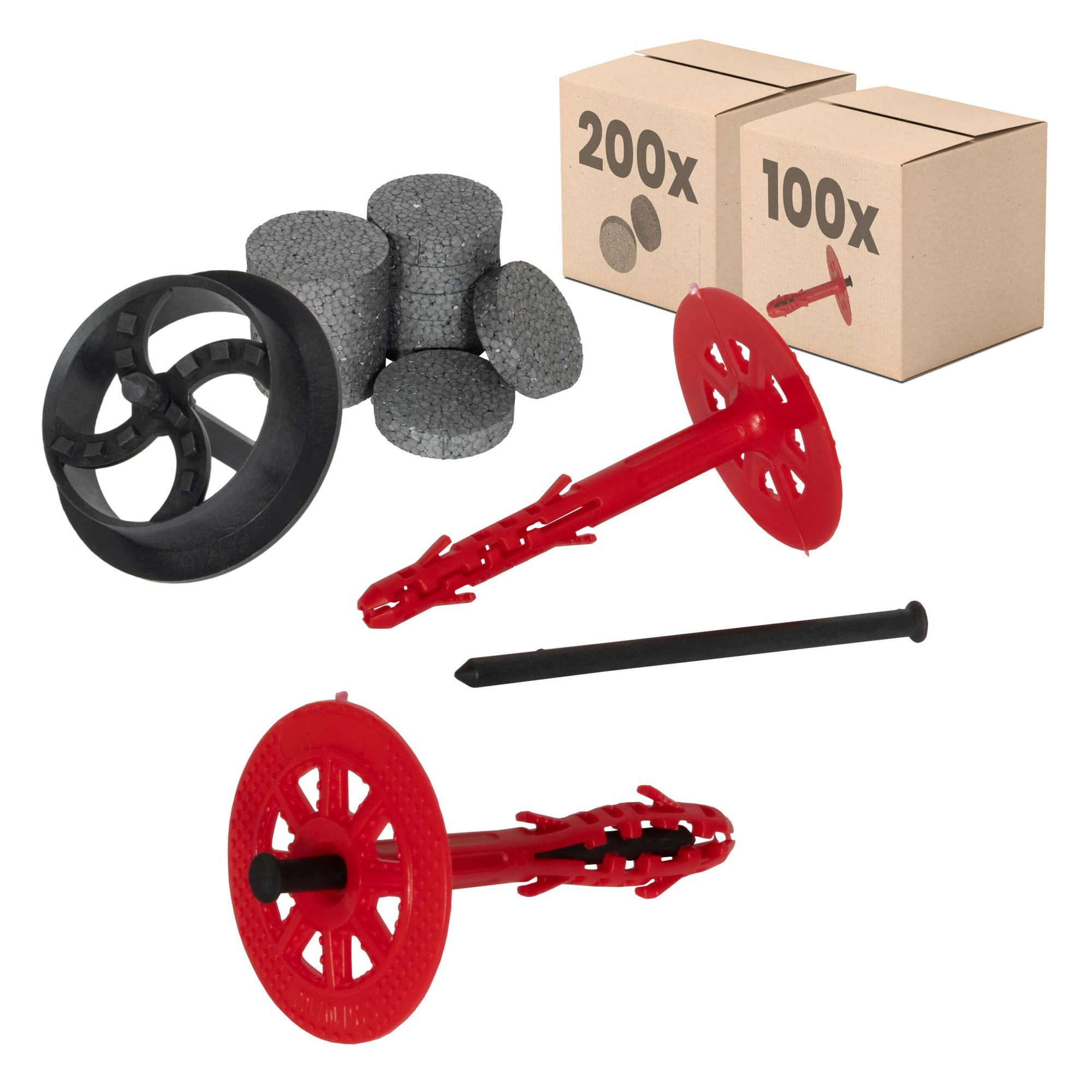 PROTEKTOR Schrauben- und Dübel-Set Dämmstoffdübel Ø10mm, Schlagdübel mit Kunststoffnagel für WDVS, (Dämmstoffdübel Set Ø10x100mm (100 Stück + 200 Rondelle + 1 Fräser), 300 St., Fassadendübel für WDVS und zur Befestigung von Fassadendämmung), ETA-zertifizierte Schlagdübel Tellerdübel für alle Nutzungskategorien