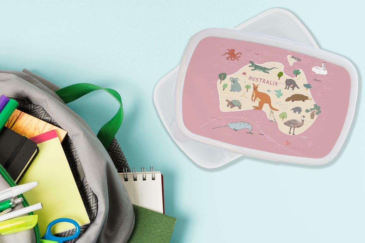 Brotbox und Kinder, Kinder Brotdose, Kinder Jungs Lunchbox Weltkarte MuchoWow Australien Mädchen Tiere - - und weiß Kunststoff, - für für (2-tlg), Erwachsene, - - Mädchen