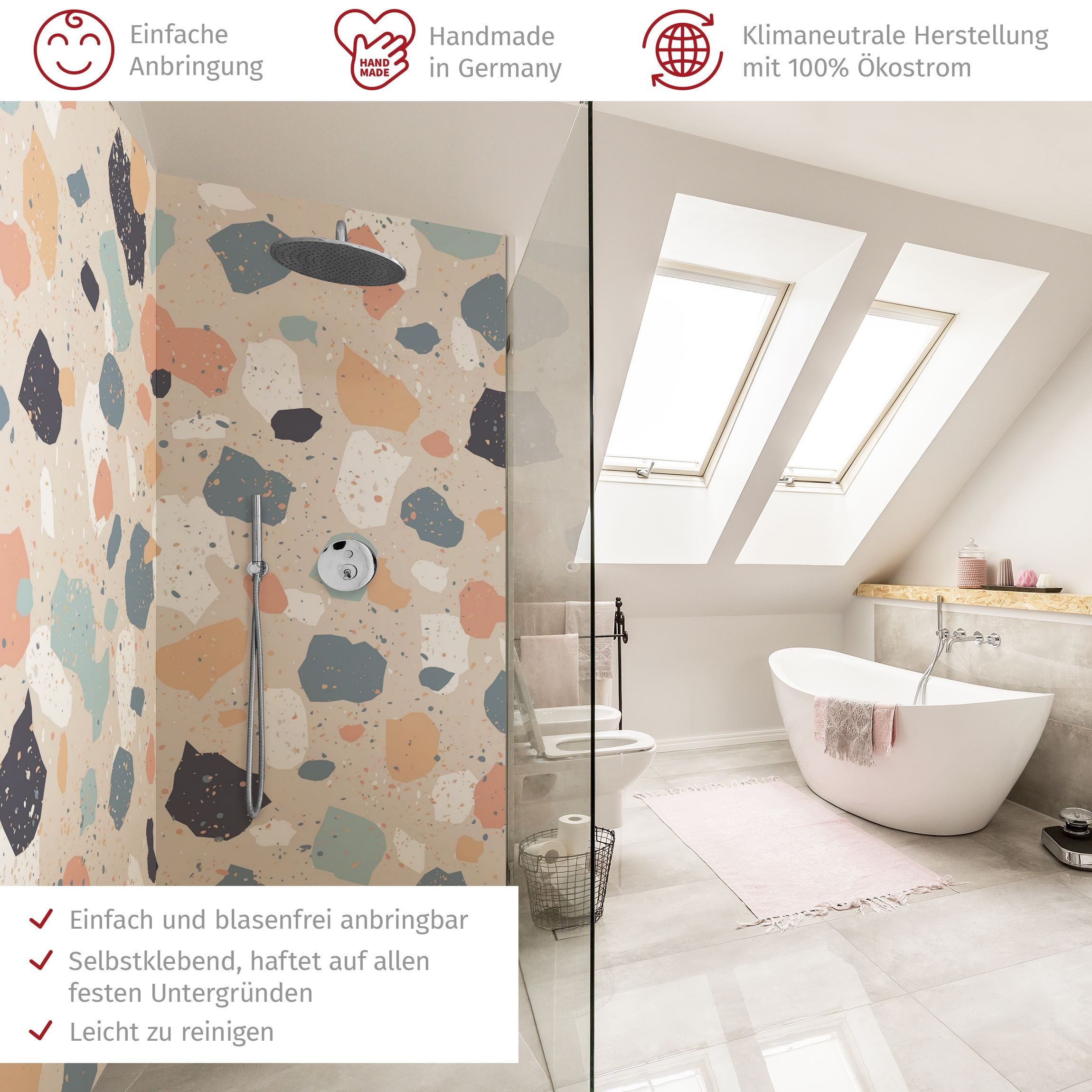 Thumbnail - Bilderdepot24 Badrückwand Terrazzo pastell Duschrückwand ohne Bohren Dusche Muster, (2-tlg., Hart-Folie Smart matt 0,35 ...