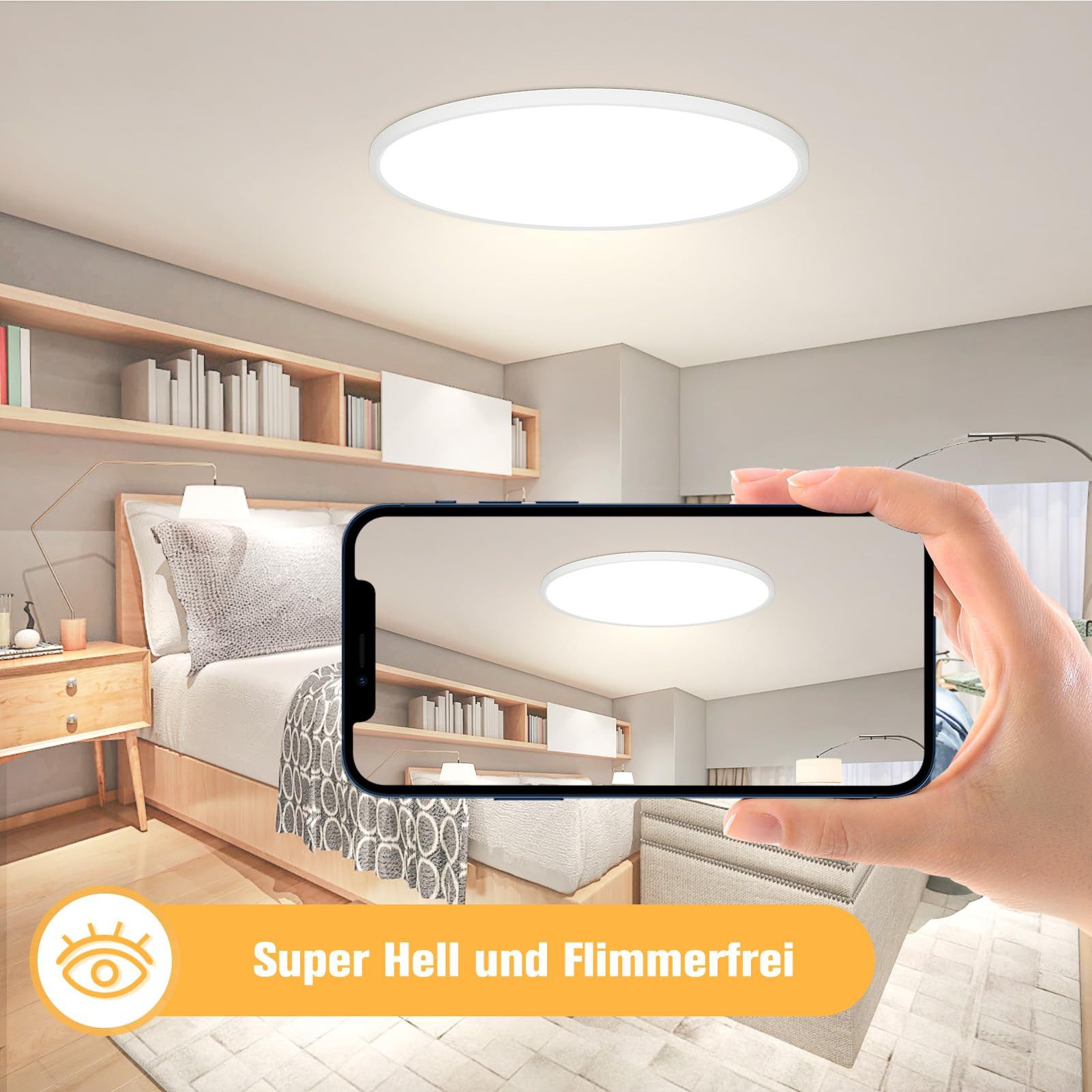 JDONG LED Deckenleuchte Flach Rund Ø23CM/30CM/40CM/50CM/60CM Deckenlampe, Rund Flach, 4000K Neutralweiß, Lamp für Wohnzimmer Schlafzimmer Küche Balkon Büro Flur