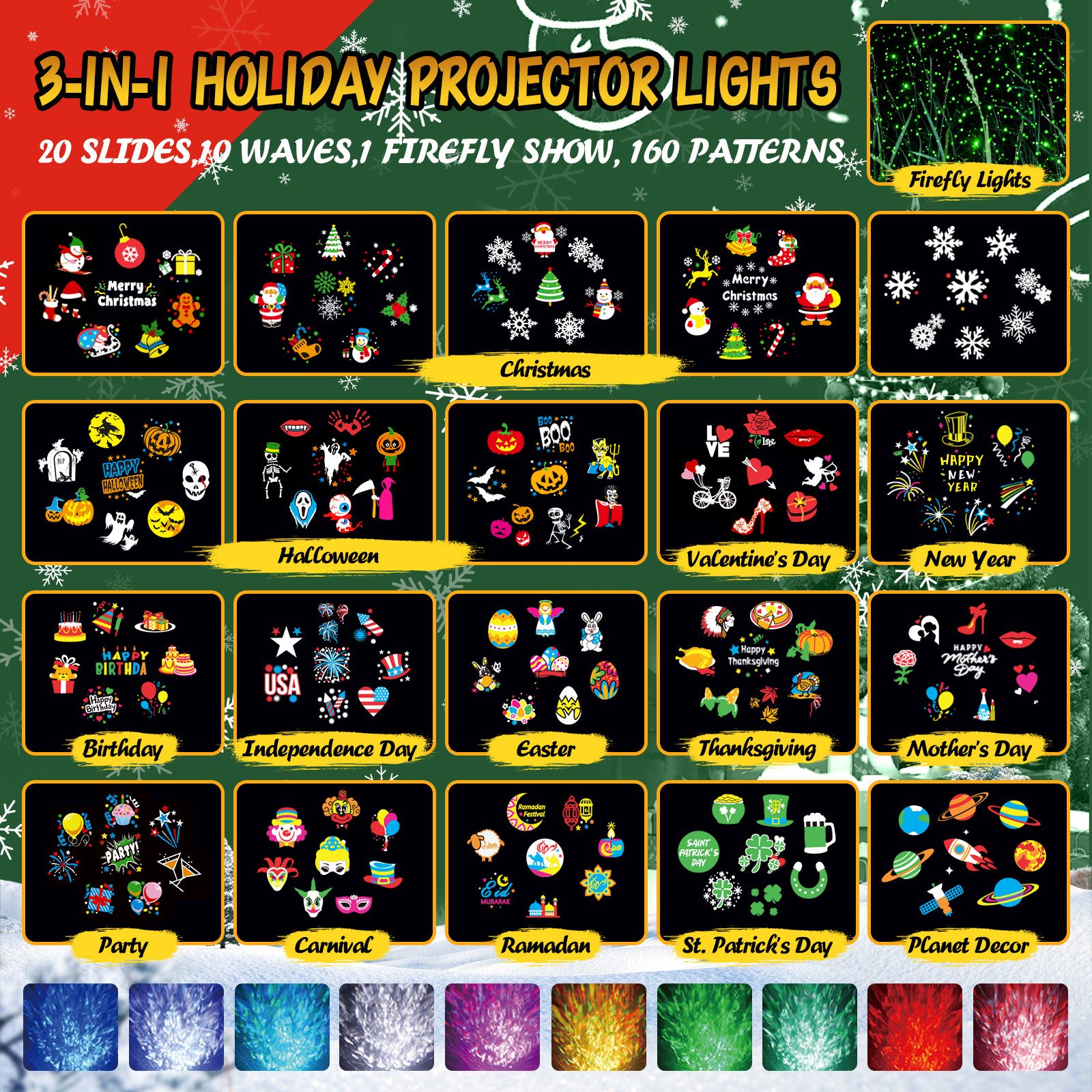 ANYSUN Projektionslampe Schneeflocken Projektor Aussen mit 10 HD-Dias & 80 Cartoon-Motiven, Laser, mit Timer, Lichtprojektor Garten mit Fernbedienung für Dekoration