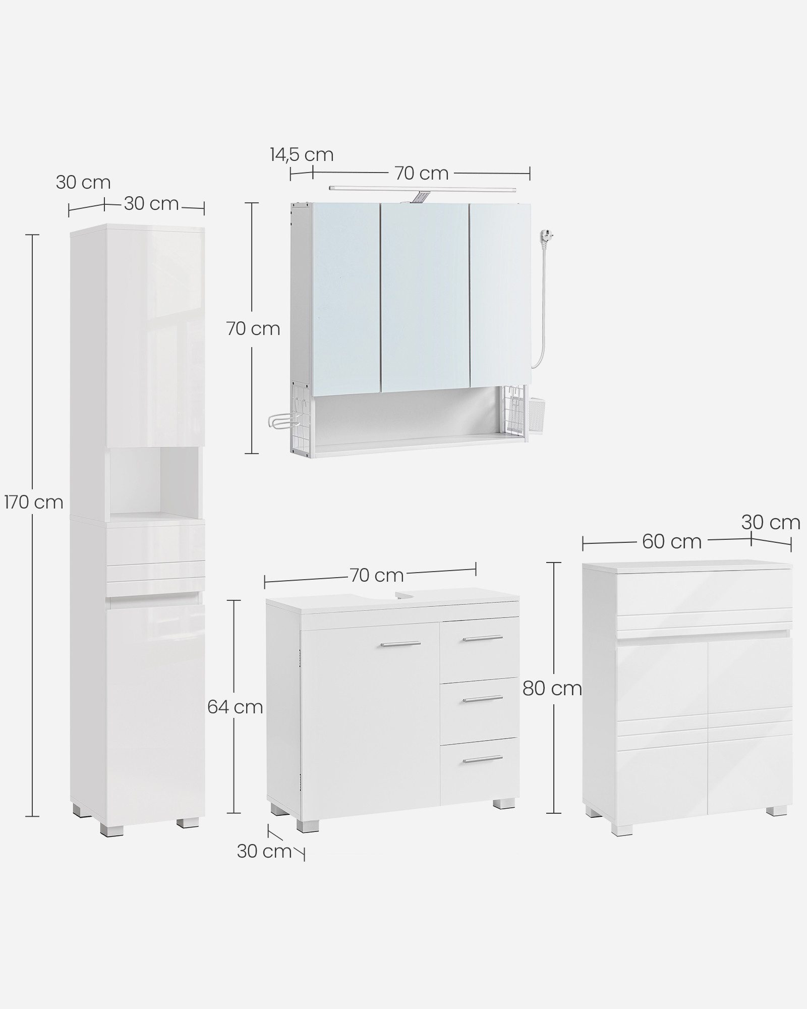VASAGLE Badmöbel-Set Badezimmerschrank, (4er Set), verstellbare Ablagen