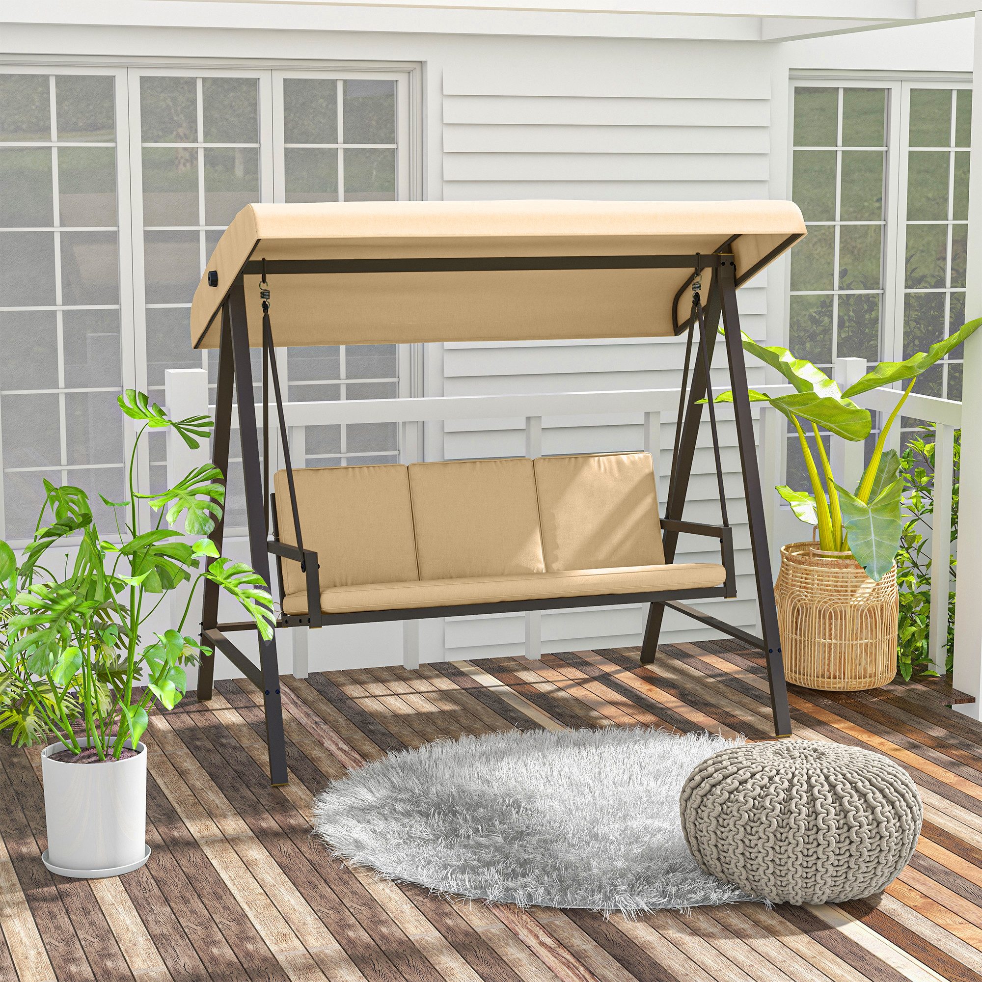 Outsunny Hollywoodschaukel Schaukelbank mit Verstellbarem Dach, Schwingbank mit Rückenkissen, 3-Sitzer, mehrfach verstellbares Dach, Gartenschaukel, 1 tlg., Schwingbank, bis 360 kg Belastbar, Beige, 200 x 125 x 175 cm