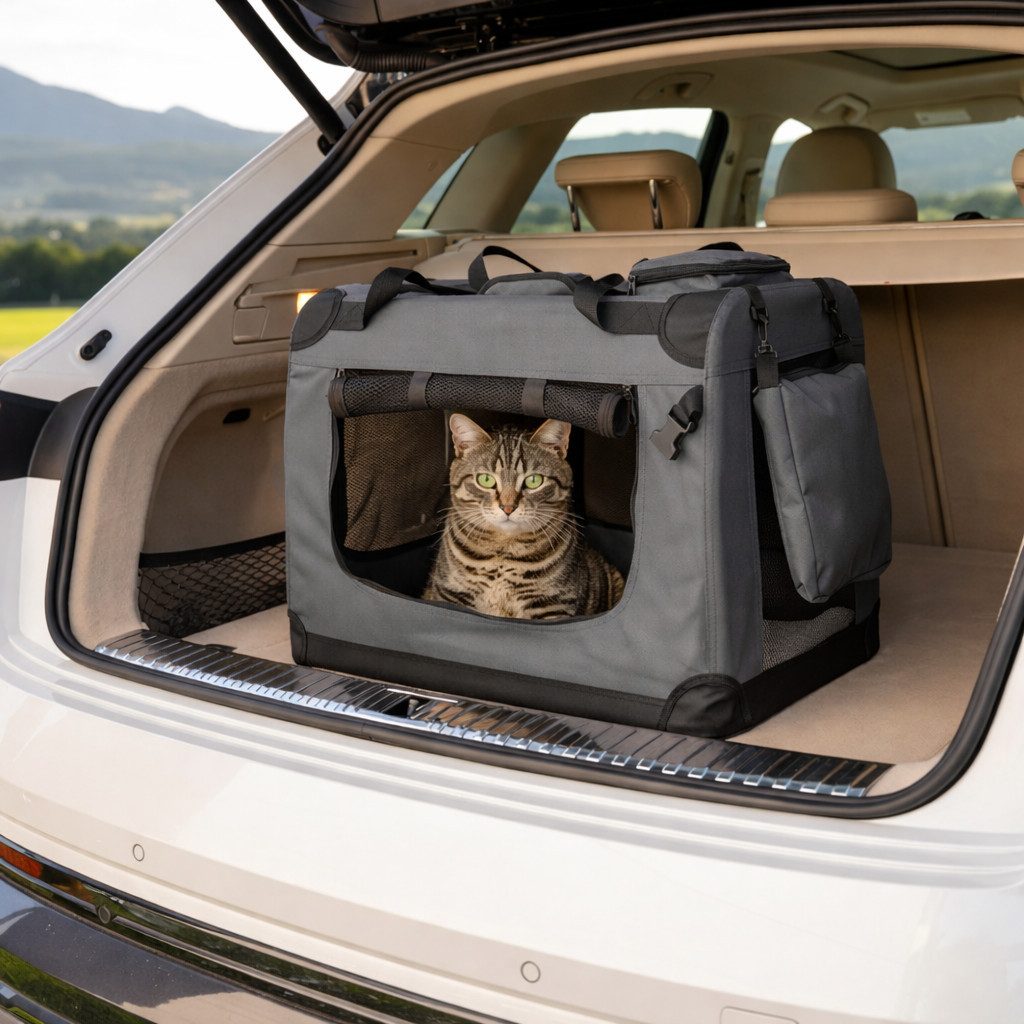 belviona Tiertransporttasche für Katzen, faltbar mit Mesh-Fenstern, 60x42x44 cm, dunkelgrau bis 12 kg, leichte & stabile Katzentransportbox mit Innenkissen & Taschen