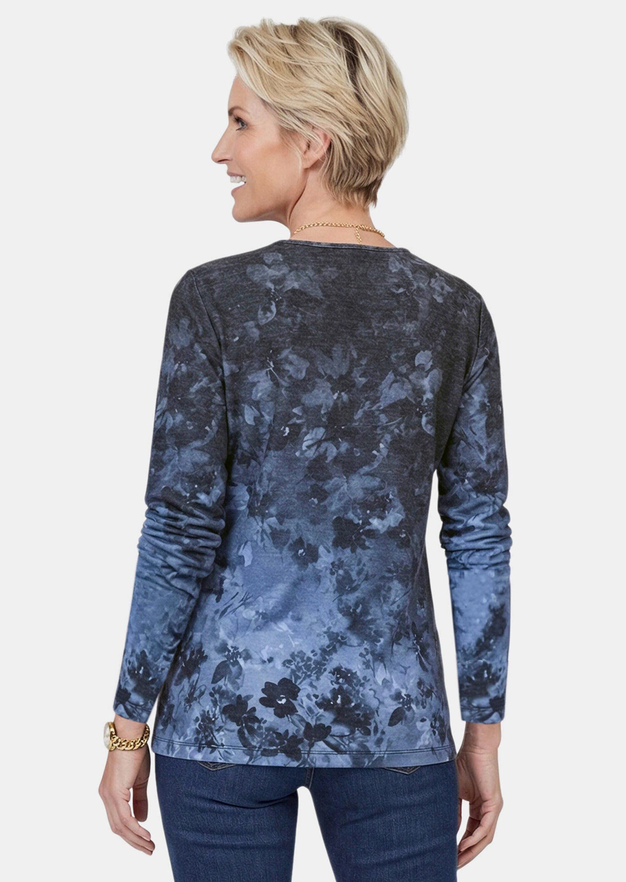 GOLDNER Langarmshirt Kurzgröße: Jerseyshirt mit Blütenranken Flauschiges Langarmshirt mit Glitzersteinen, Rundhals