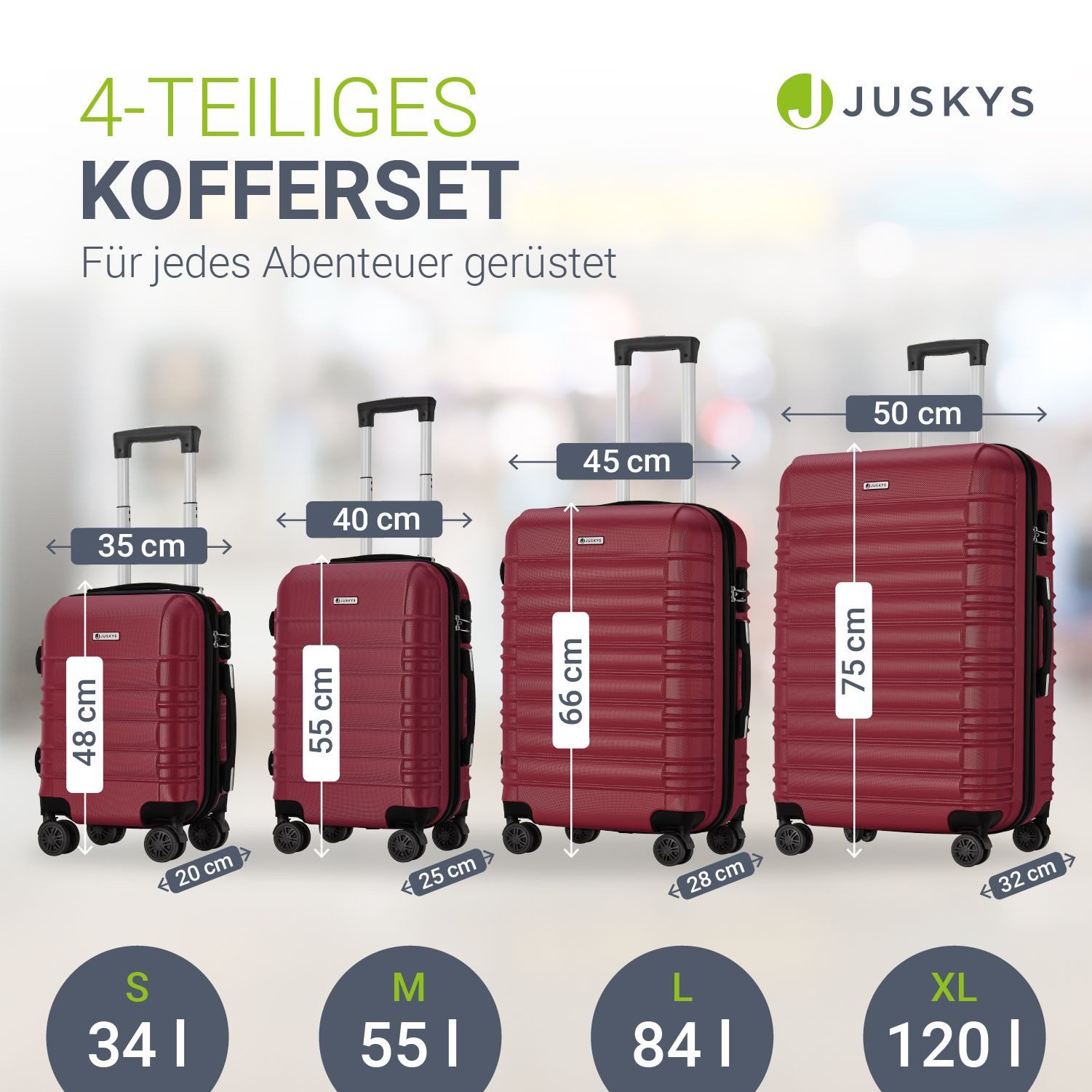Juskys Trolleyset Rom, 4 Rollen, (4 tlg., 4-teilig), 4 Koffer, 360° Rollen, robuste Hartschale, mit Zahlenschloss