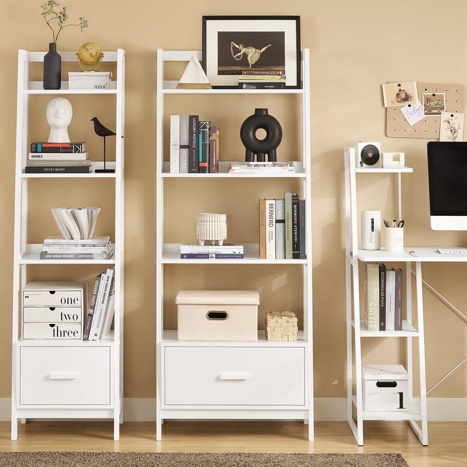 SoBuy Leiterregal FRG116, Bücherregal Standregal Badregal mit Ablagen und Schublade in weiß