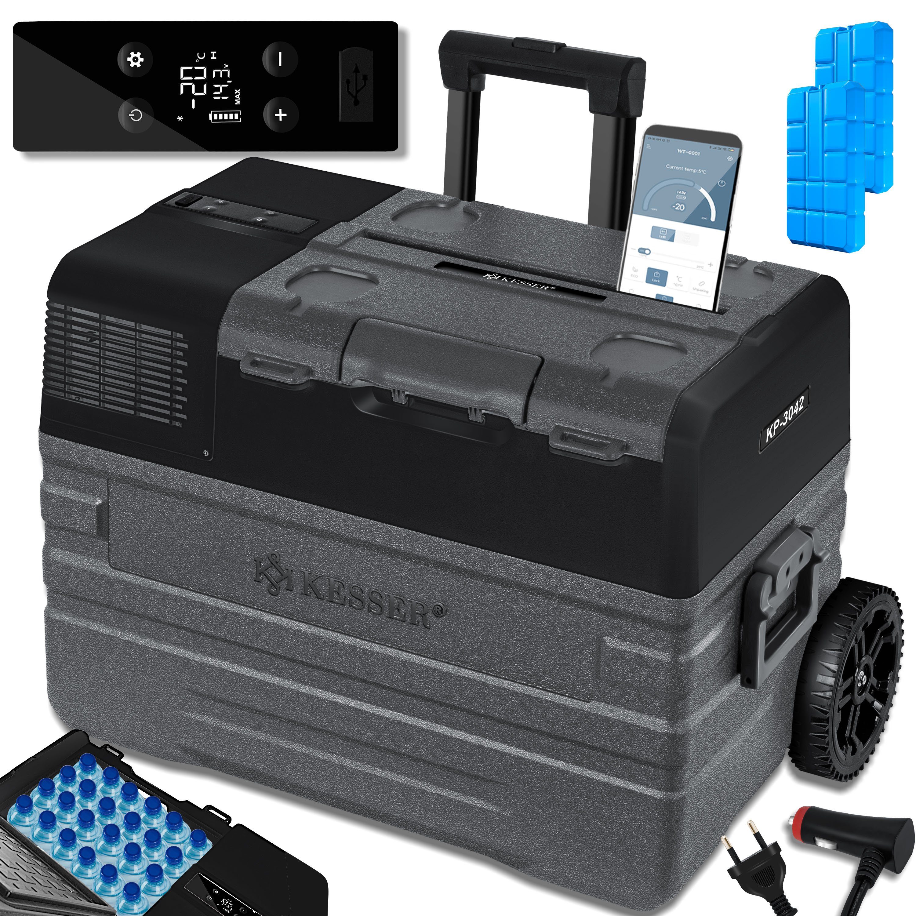 KESSER Kühlbox Kompressor Kühlbox elektrisch Gefrierbox APP-Steuerung USB-Anschluss, 42 l, 12/24 V 230V, +Teleskopstange, 2x Kühlbox Räder Kühlschrank -20 °C