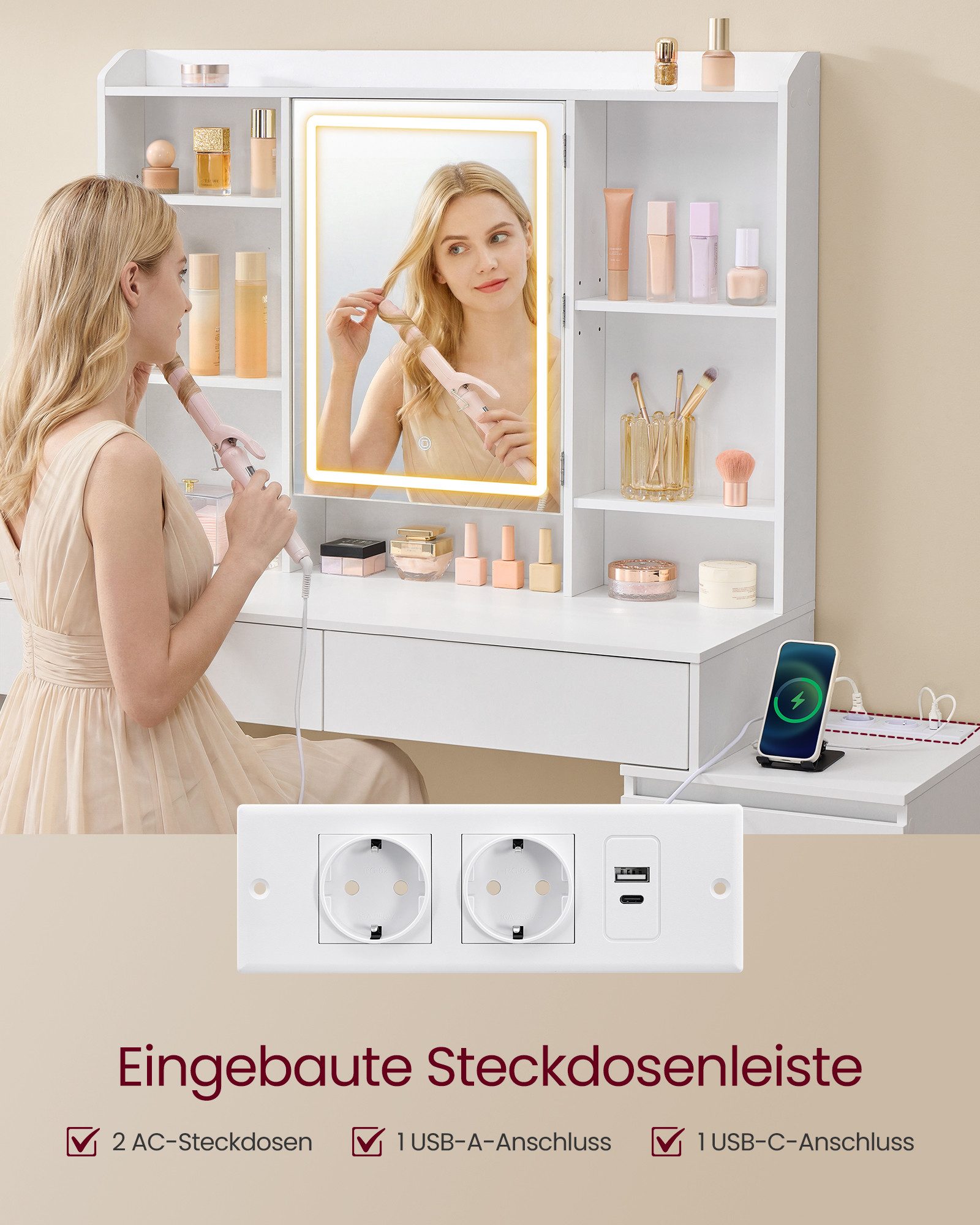 VASAGLE Schminktisch Frisiertisch mit Spiegel, Kosmetiktisch mit Schubladen (1 Tisch), 40 x 105 x 145 cm, mit LED-Beleuchtung, mit verstellbaren Ablagen – Bild 4 von 5