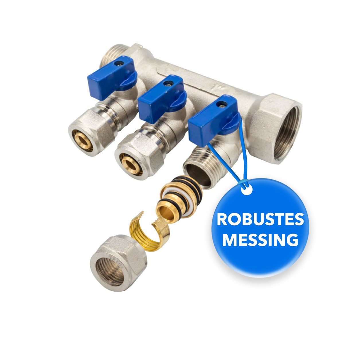 Belrad Gewindefitting Heizkreisverteiler für Heizungen BLR408, 3 Abgänge mit Kugelhahn, (einzel, 1-tlg), Eurokonus 1/2" 16 mm, 1" AG/IG, vernickeltes Messing, 35 mm Abstand