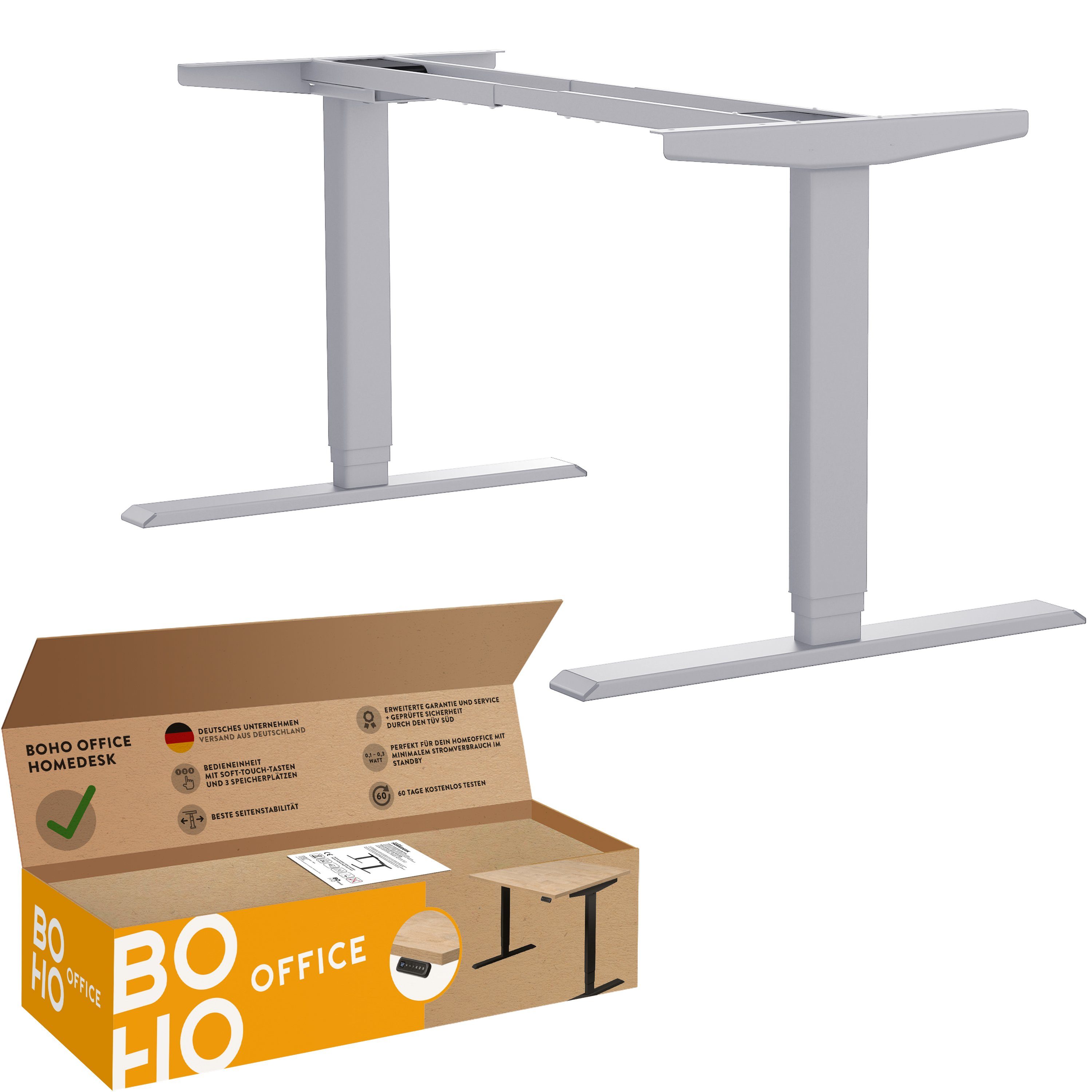 boho office® Schreibtisch Homedesk (Tischgestell), elektrisch stufenlos höhenverstellbar in Silber mit 3 Speicherplätzen