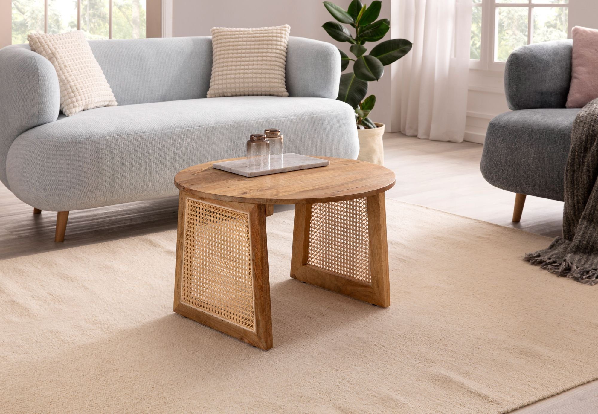 (65x65x40 Mango Wohnzimmertisch Couchtisch Braun / Rund Wiener Wohnling Massivholz Rattan), Geflecht, cm WL6.835 Sofatisch