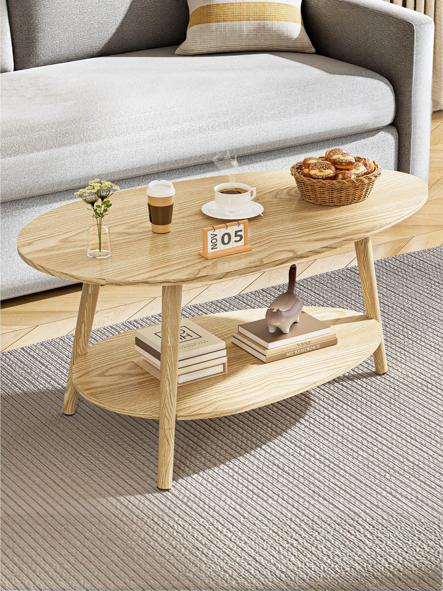 FiveWillowise Couchtisch Massivholz Teetisch mit Ovalem Doppelschicht-Design, 90x50cm (1-St), ovaler Tisch, Wohnzimmertisch