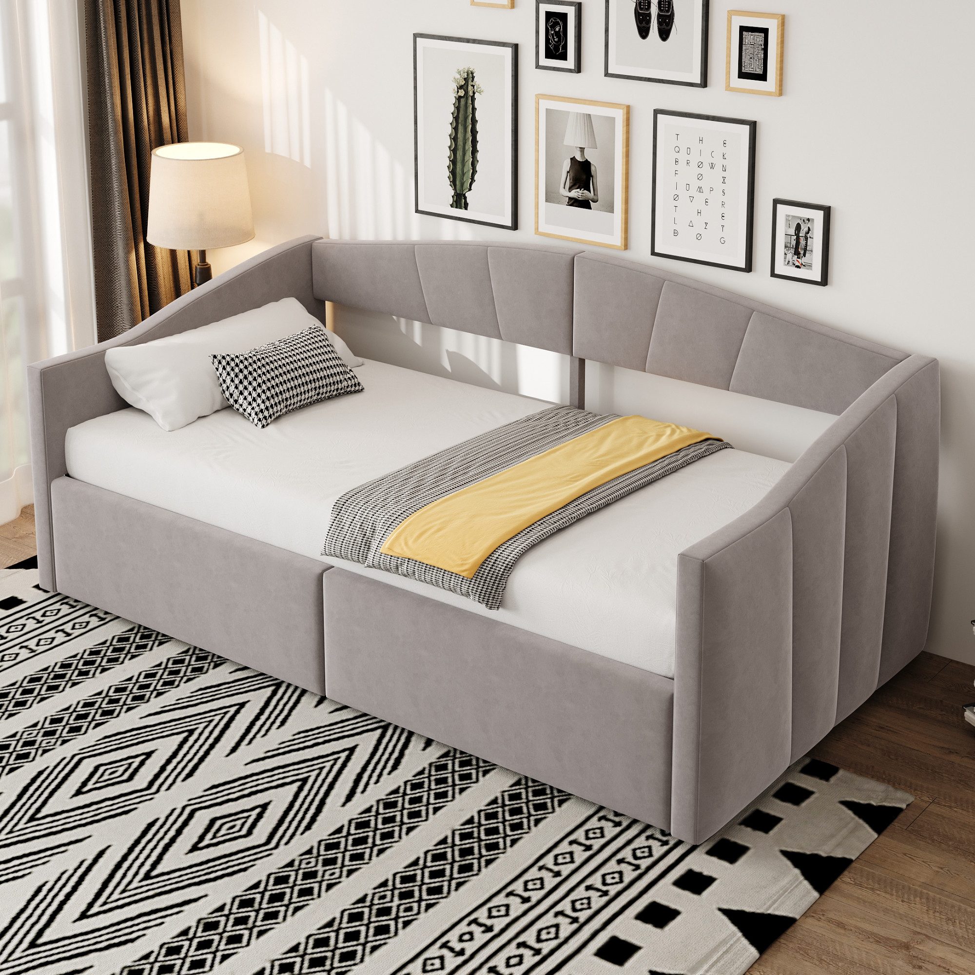 Celya Polsterbett Sofabett mit Stauraum (ohne Matratze, 90x200 cm, Klassisch Gestreift, Multifunktionales Einzelbett, Samtstoff)