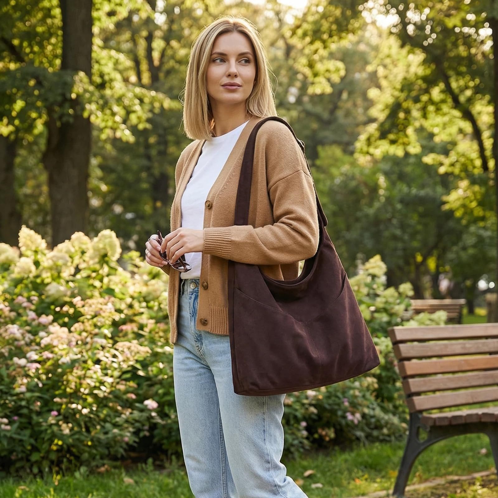 Oemmn Schultertasche große Damen Wildleder Tasche mit Reißverschluss & verstellbarem Gurt, Handtasche Damen aus weichem veganem Leder mit Fächern – Bild 2 von 5