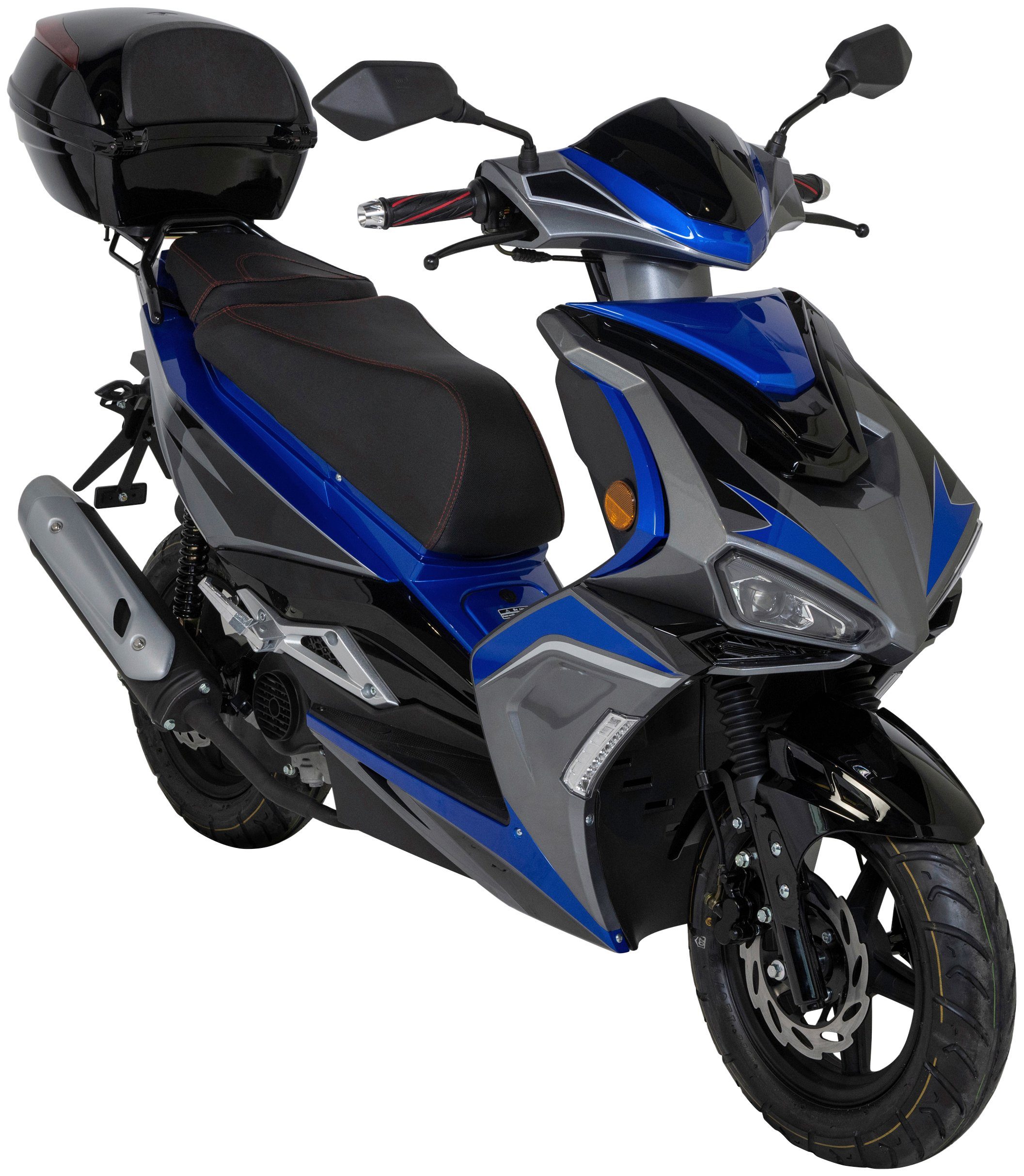 GT UNION Motorroller Striker, 50 ccm, 45 km/h, Euro 5, (Set), mit Topcase blau/schwarz | Motorroller