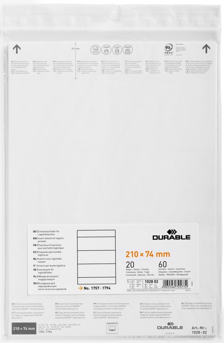 Fächermappe Einsteckschild für Logistiktasche 210x74mm weiß VE=60 Stück (10 Stück)