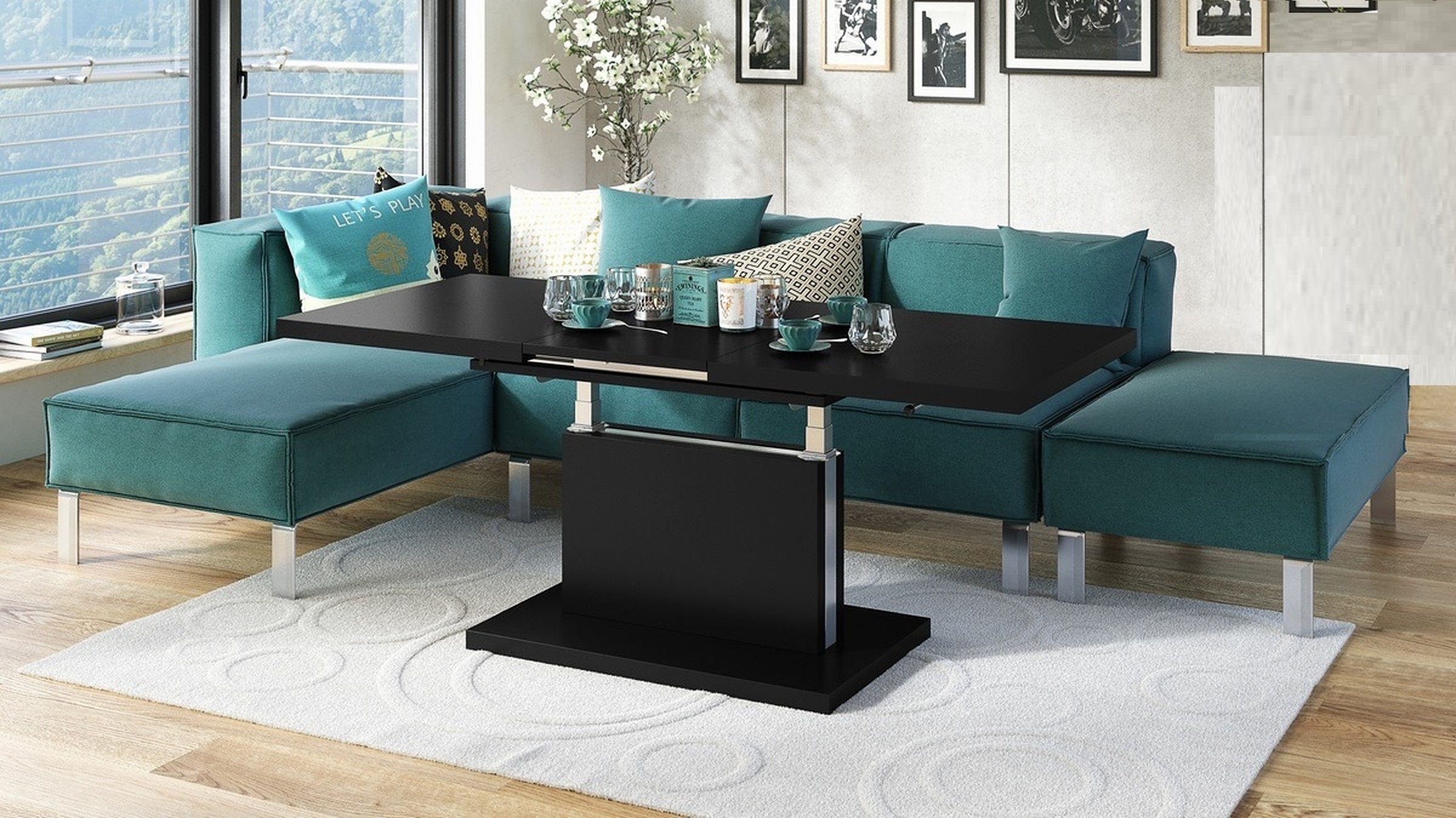 Mazzoni Couchtisch Aston Schwarz Matt stufenlos höhenverstellbar ausziehbar 120 bis 200cm